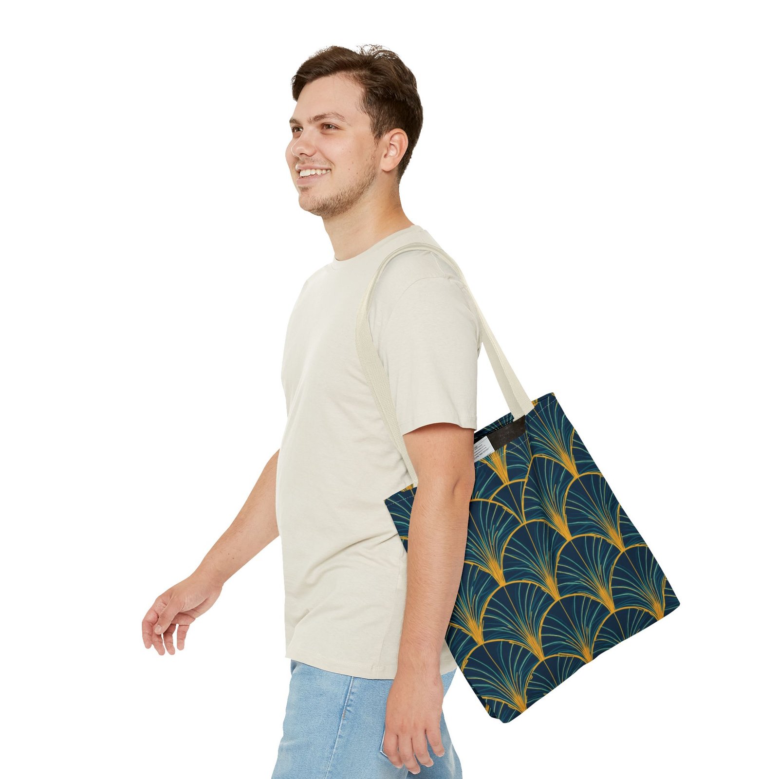 Patina Blue Fan Pattern Tote Bag | Teal Gold Geometric All-Over Print - Image 47