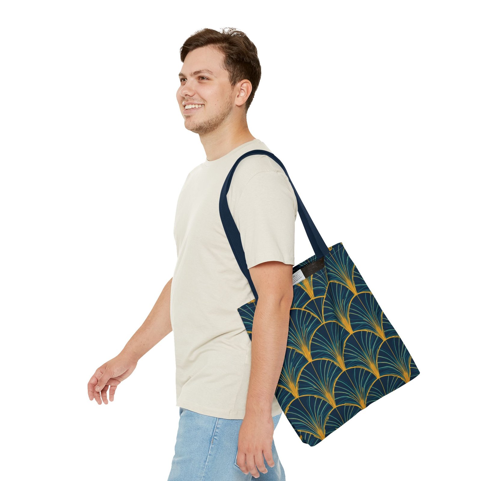 Patina Blue Fan Pattern Tote Bag | Teal Gold Geometric All-Over Print - Image 59