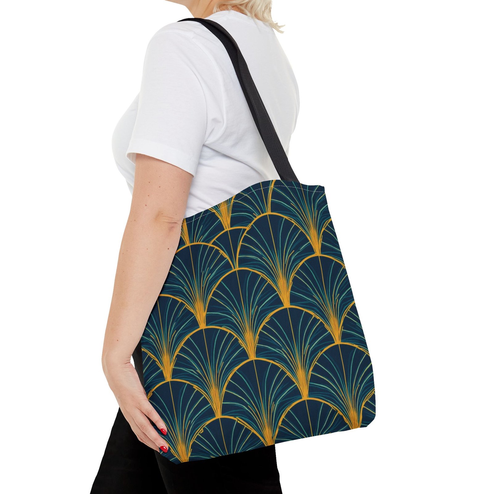 Patina Blue Fan Pattern Tote Bag | Teal Gold Geometric All-Over Print - Image 12