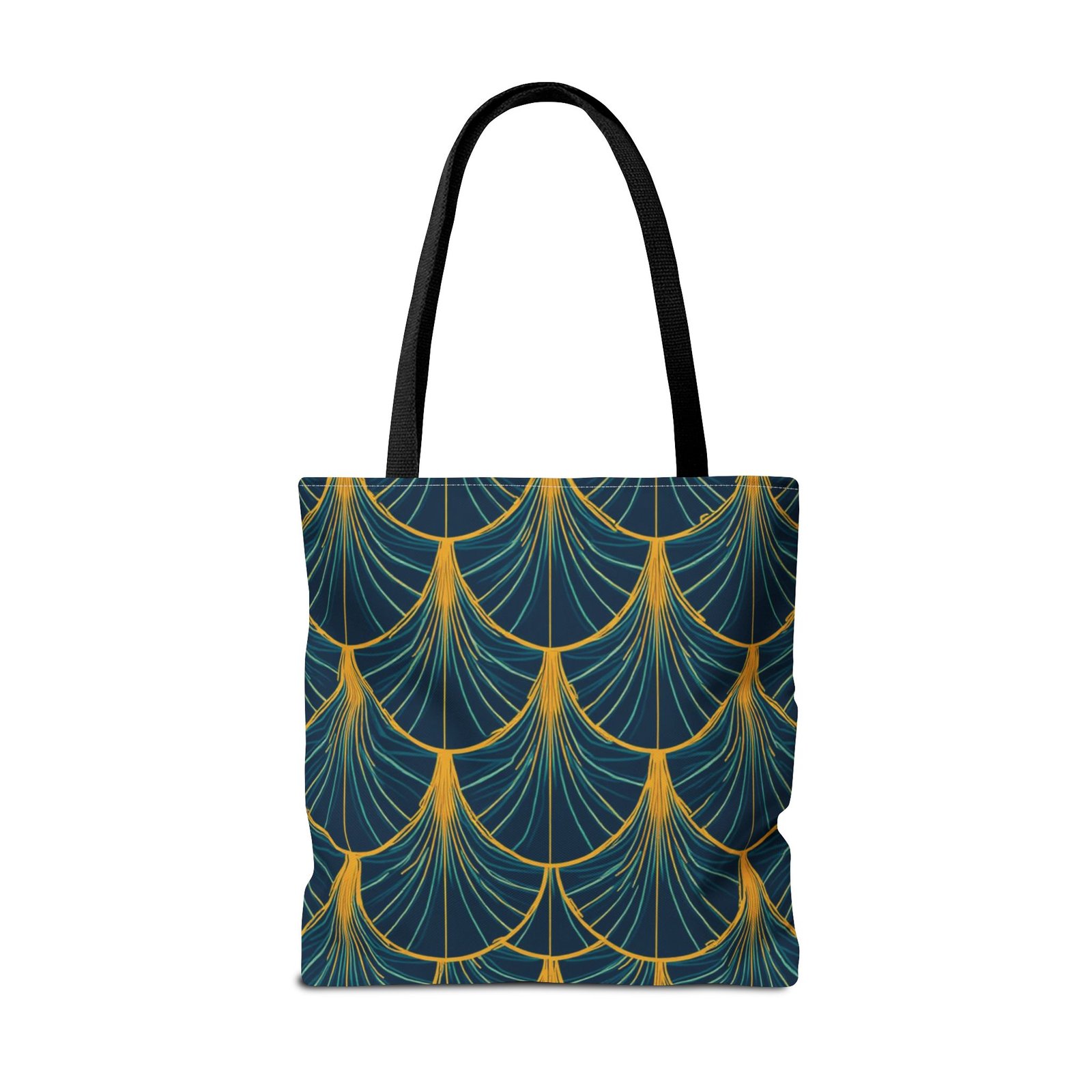 Patina Blue Fan Pattern Tote Bag | Teal Gold Geometric All-Over Print - Image 14
