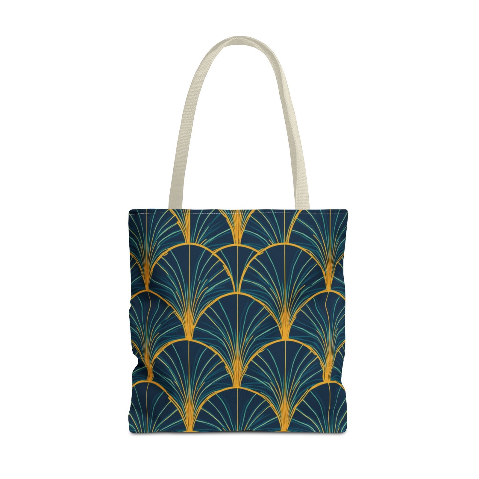 Patina Blue Fan Pattern Tote Bag | Teal Gold Geometric All-Over Print - Image 49