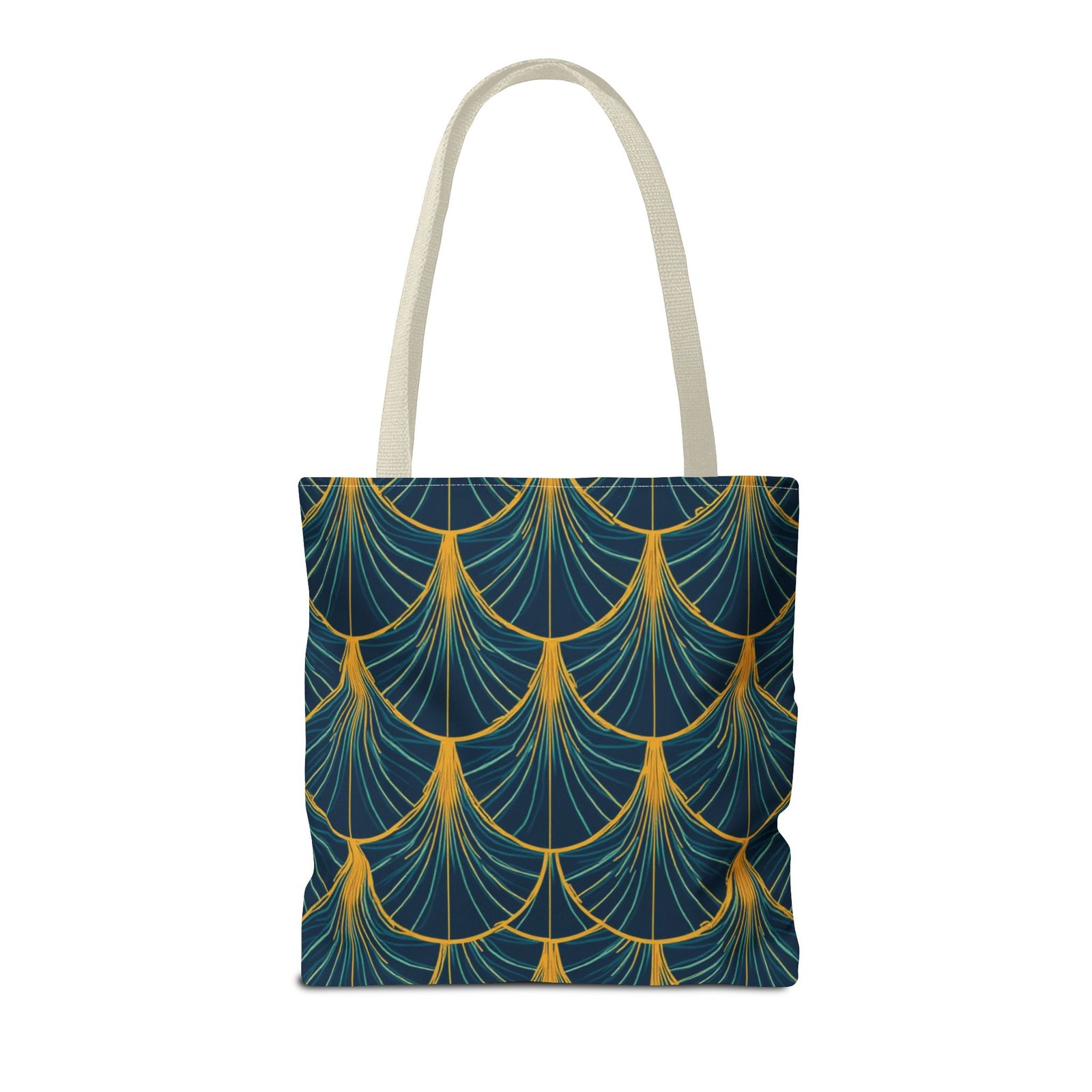 Patina Blue Fan Pattern Tote Bag | Teal Gold Geometric All-Over Print - Image 46