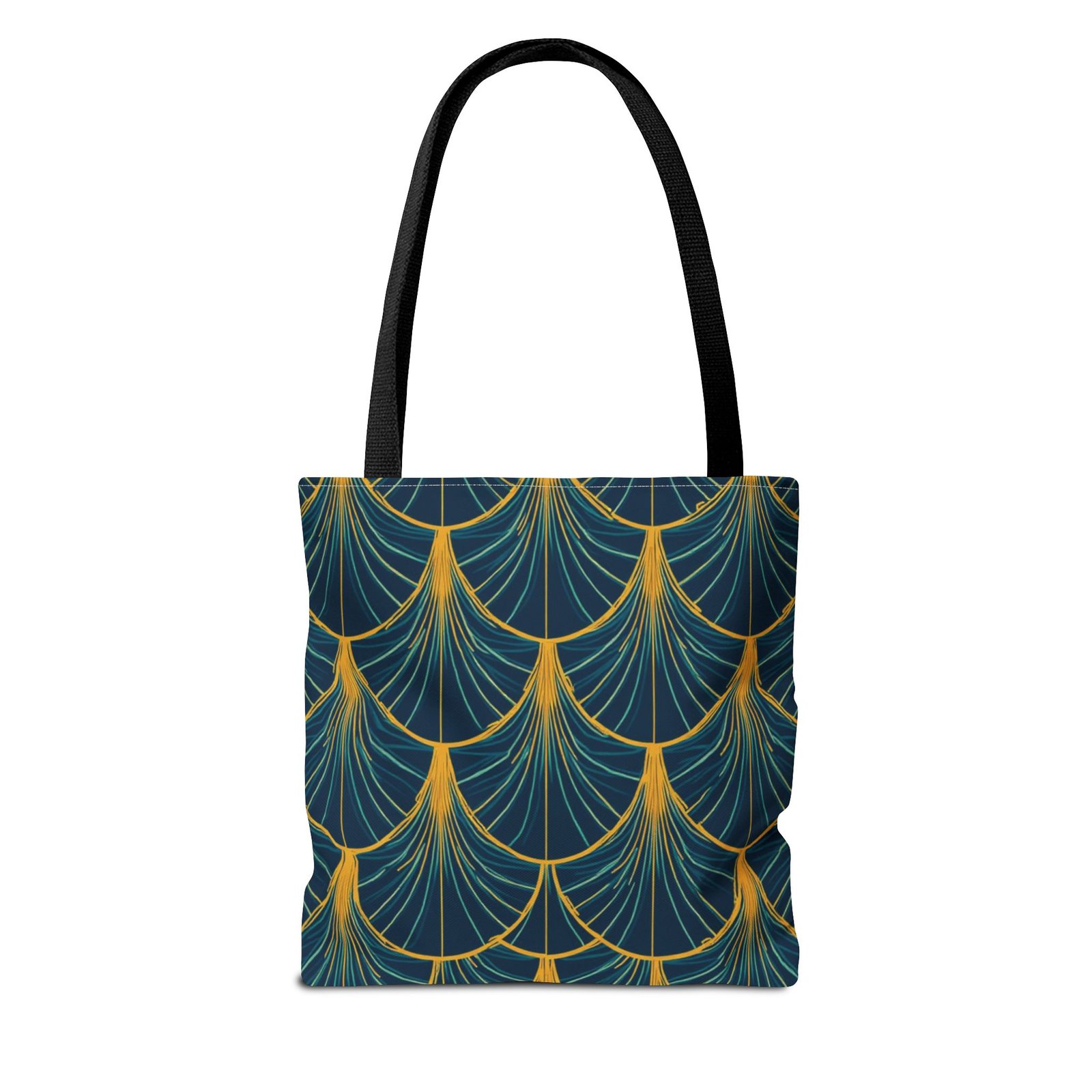 Patina Blue Fan Pattern Tote Bag | Teal Gold Geometric All-Over Print - Image 6