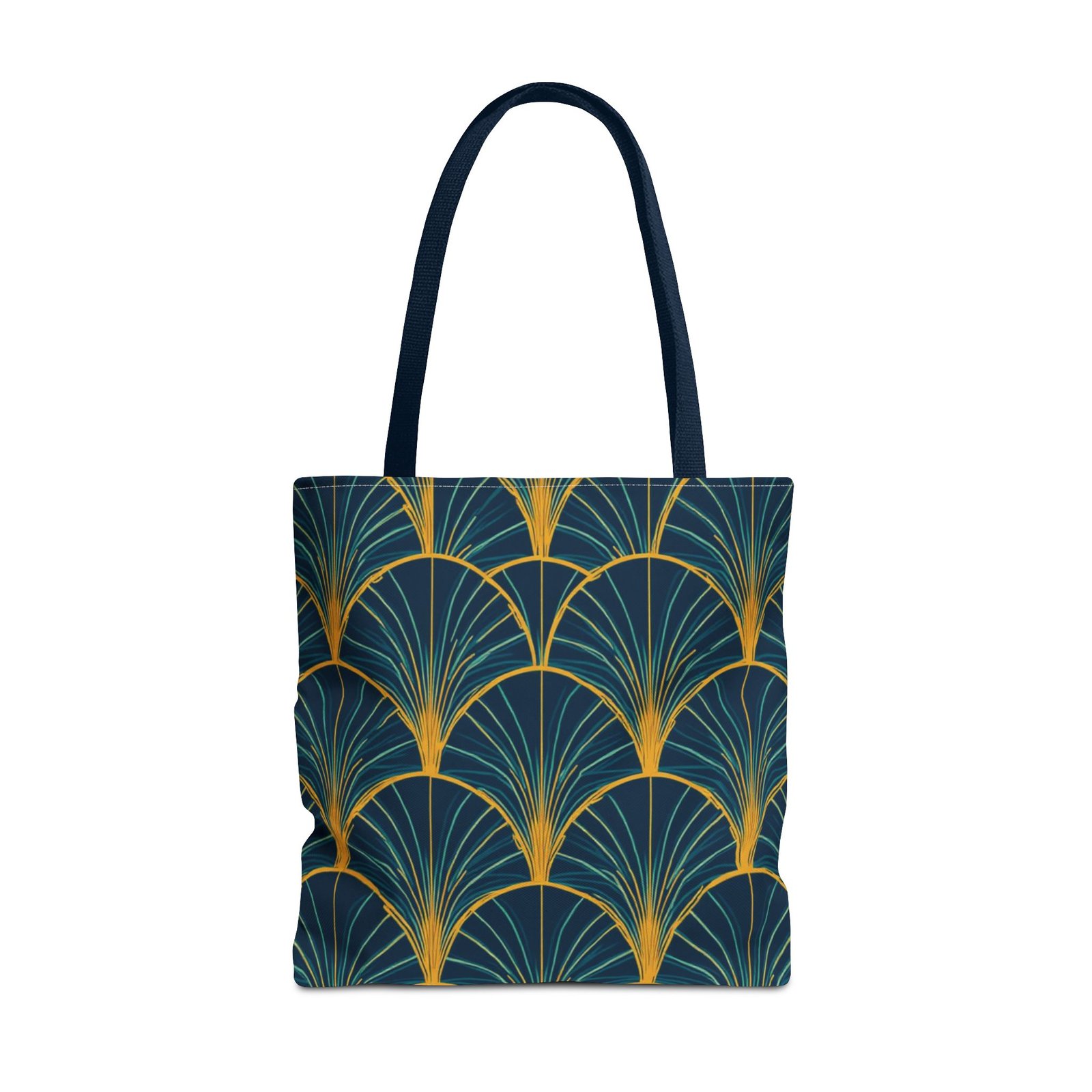 Patina Blue Fan Pattern Tote Bag | Teal Gold Geometric All-Over Print - Image 2