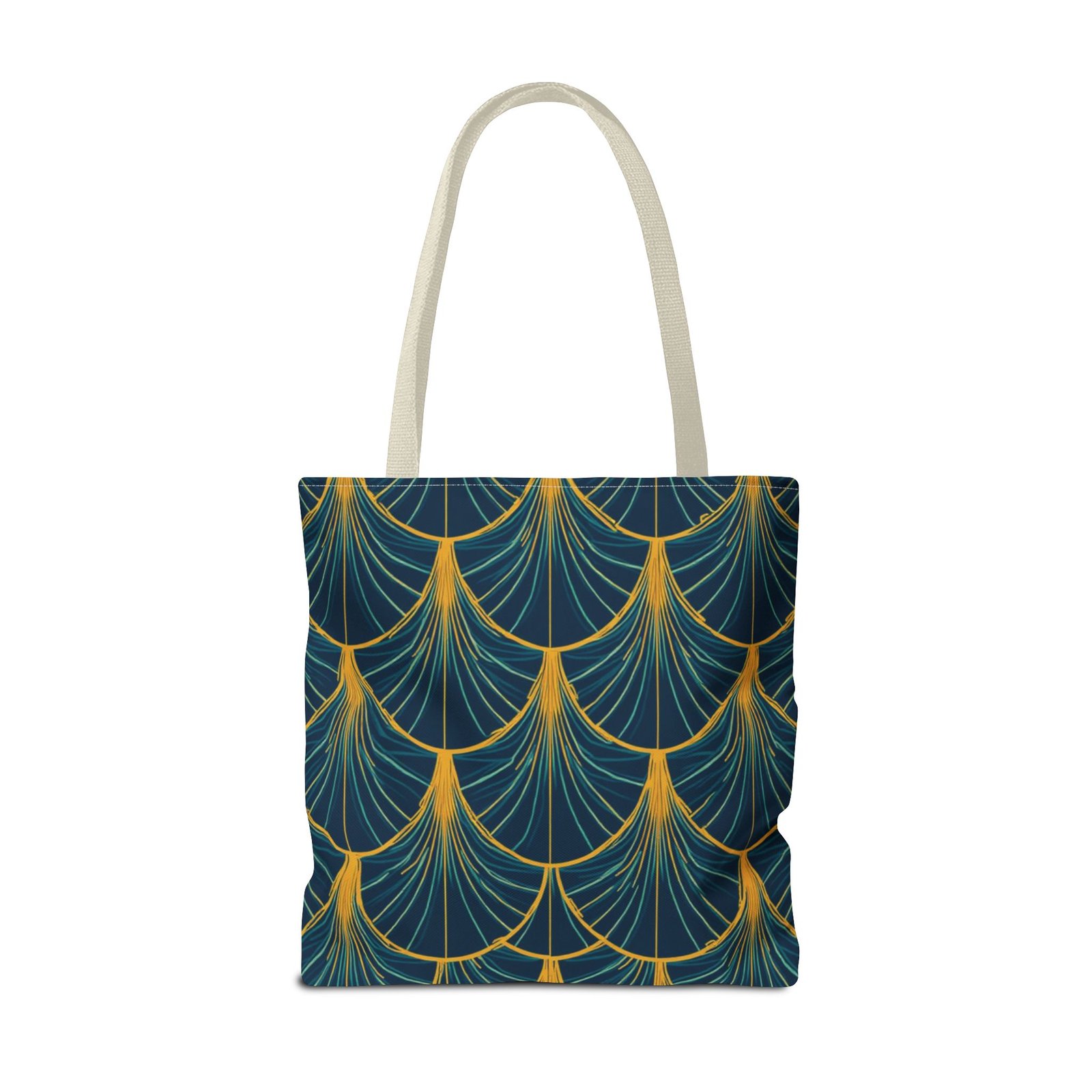 Patina Blue Fan Pattern Tote Bag | Teal Gold Geometric All-Over Print - Image 50