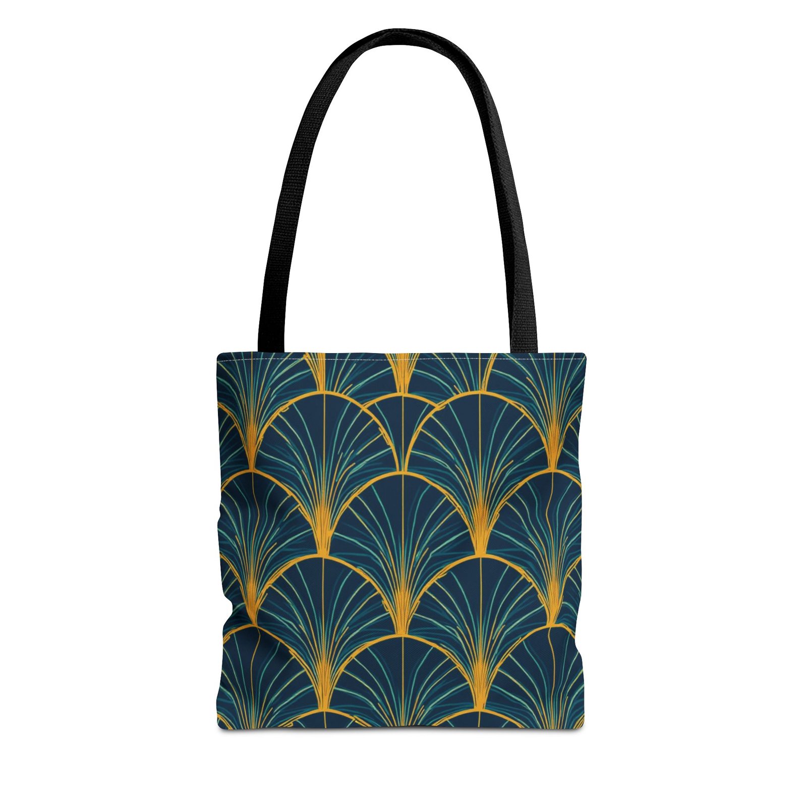 Patina Blue Fan Pattern Tote Bag | Teal Gold Geometric All-Over Print - Image 5