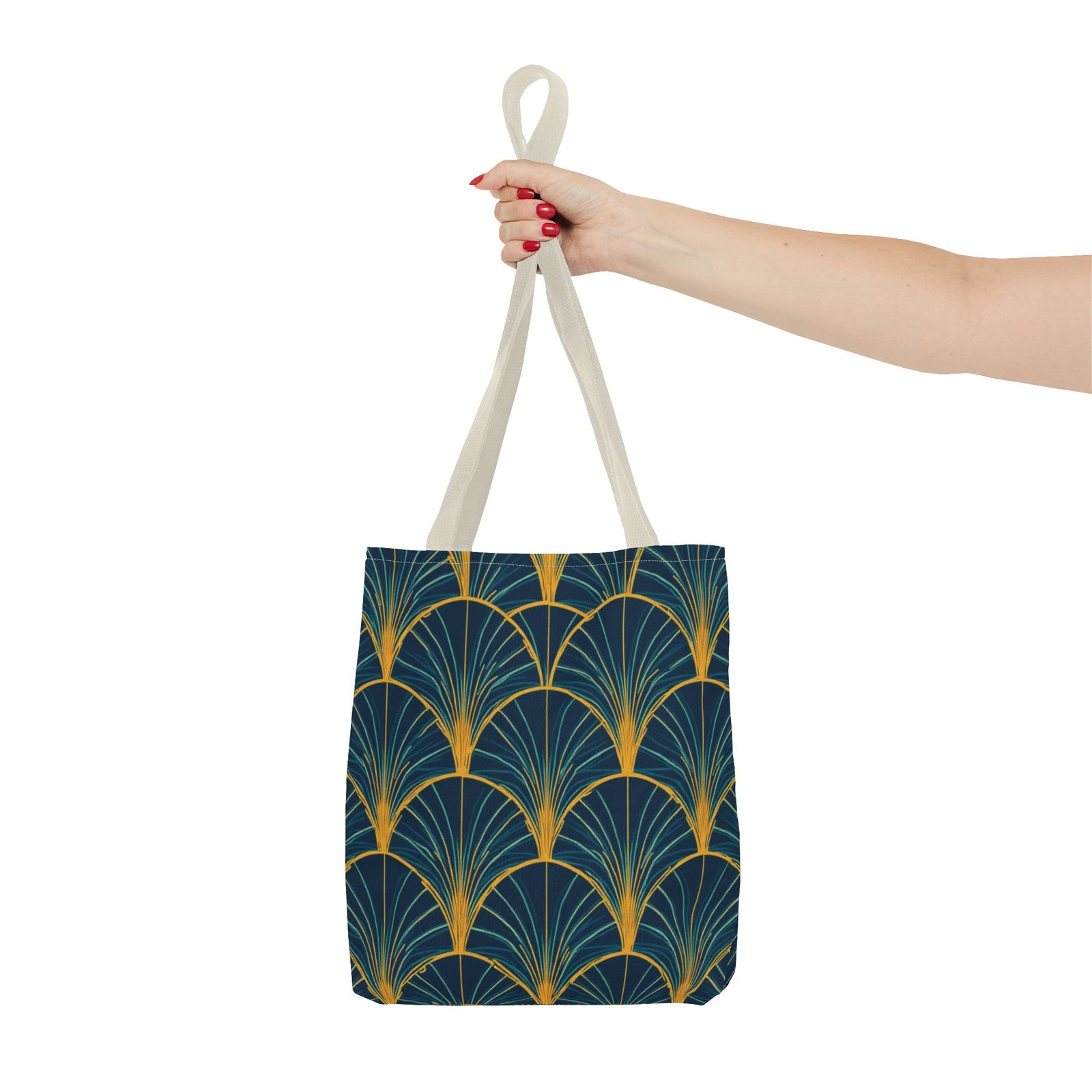 Patina Blue Fan Pattern Tote Bag | Teal Gold Geometric All-Over Print - Image 44