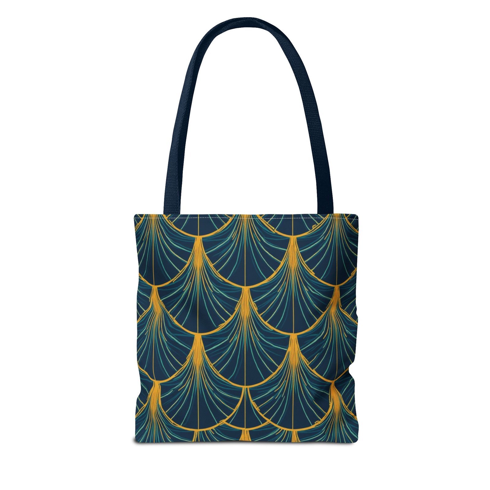 Patina Blue Fan Pattern Tote Bag | Teal Gold Geometric All-Over Print - Image 54