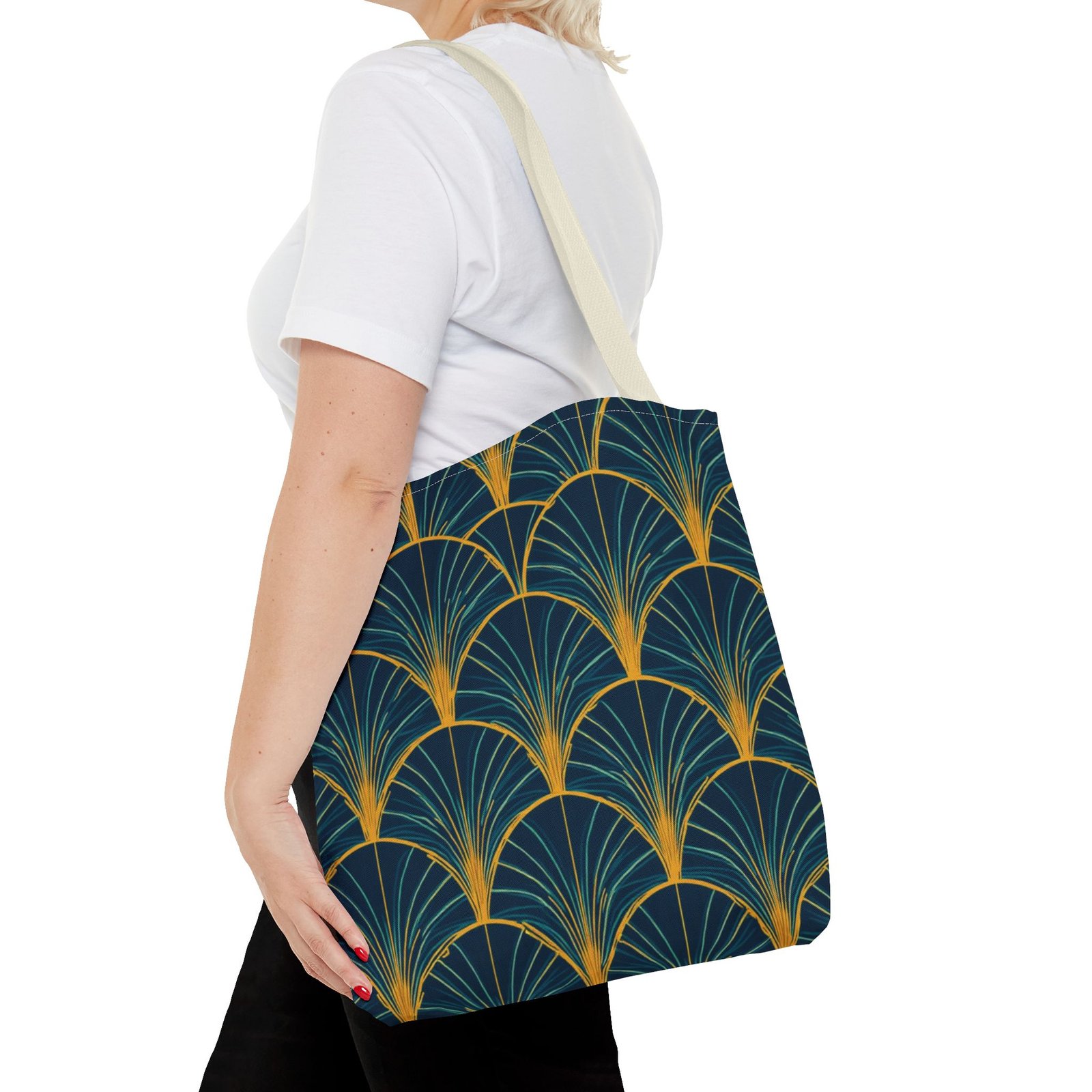 Patina Blue Fan Pattern Tote Bag | Teal Gold Geometric All-Over Print - Image 48