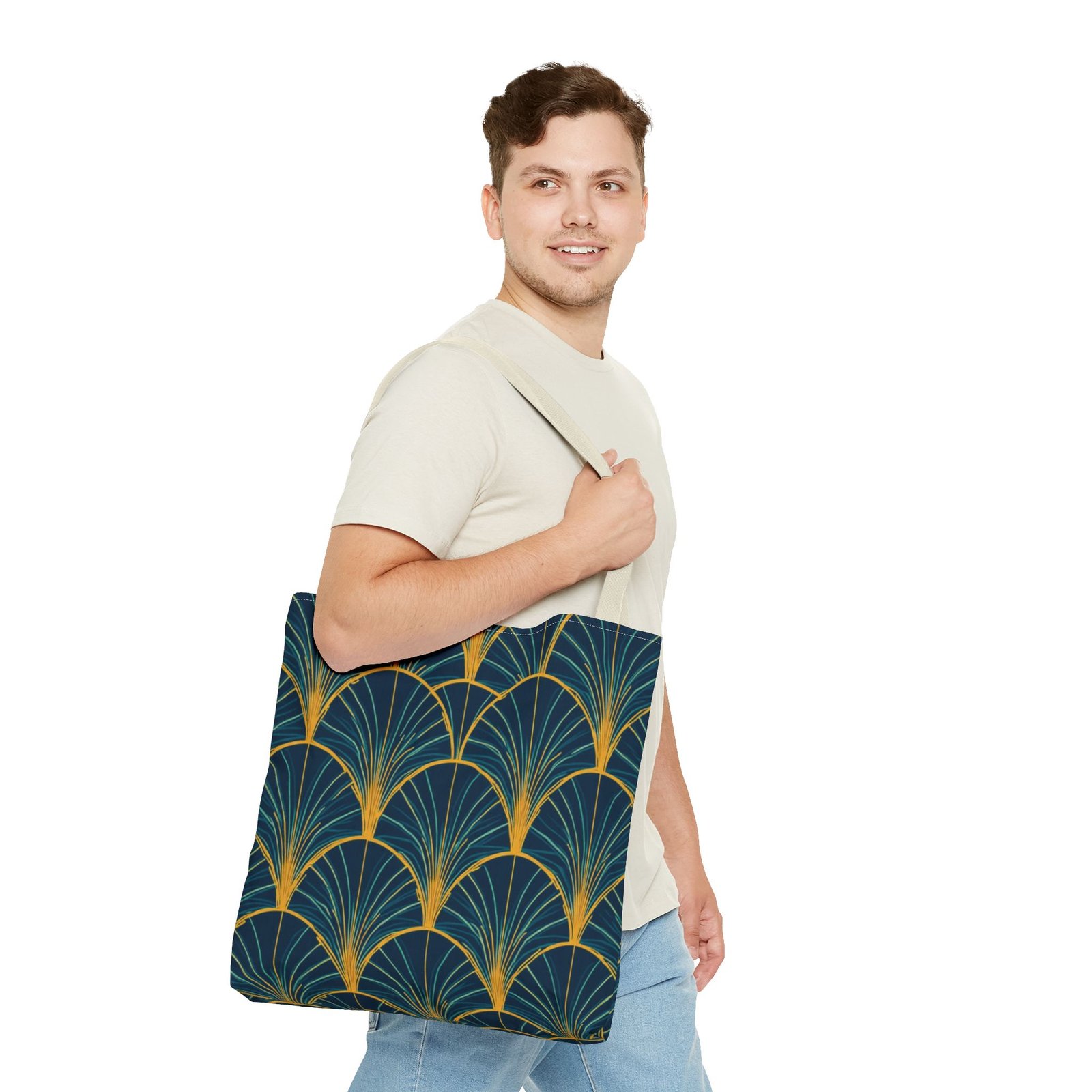 Patina Blue Fan Pattern Tote Bag | Teal Gold Geometric All-Over Print - Image 51