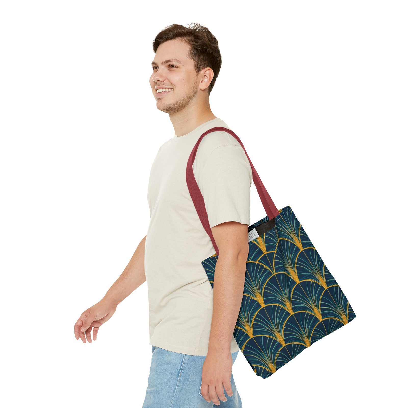 Patina Blue Fan Pattern Tote Bag | Teal Gold Geometric All-Over Print - Image 23
