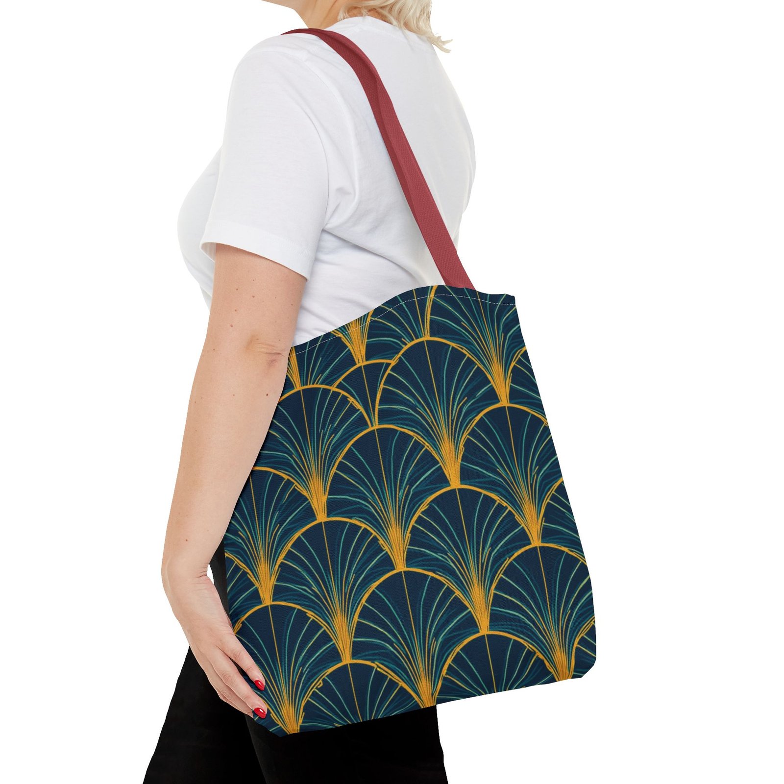 Patina Blue Fan Pattern Tote Bag | Teal Gold Geometric All-Over Print - Image 24