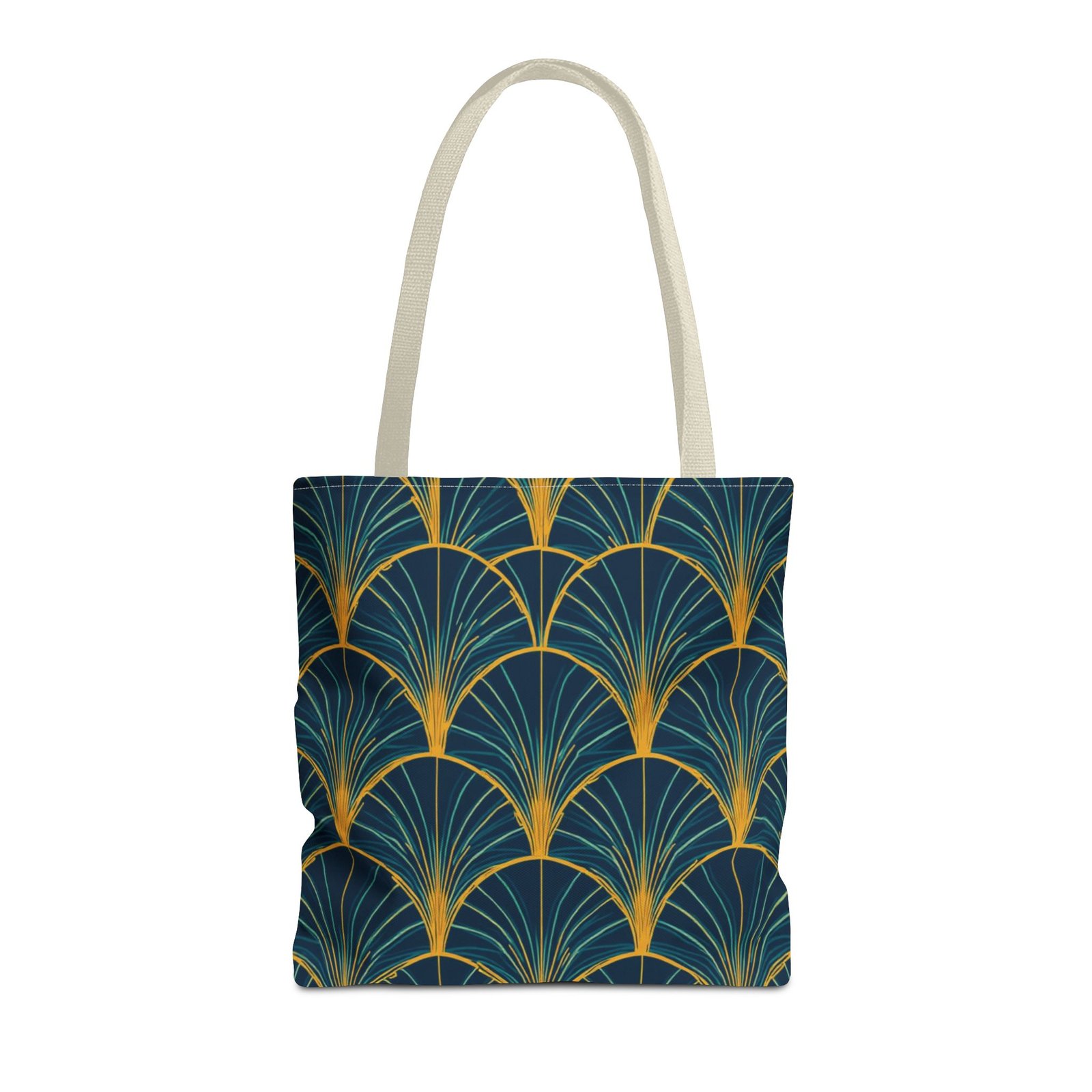 Patina Blue Fan Pattern Tote Bag | Teal Gold Geometric All-Over Print - Image 45