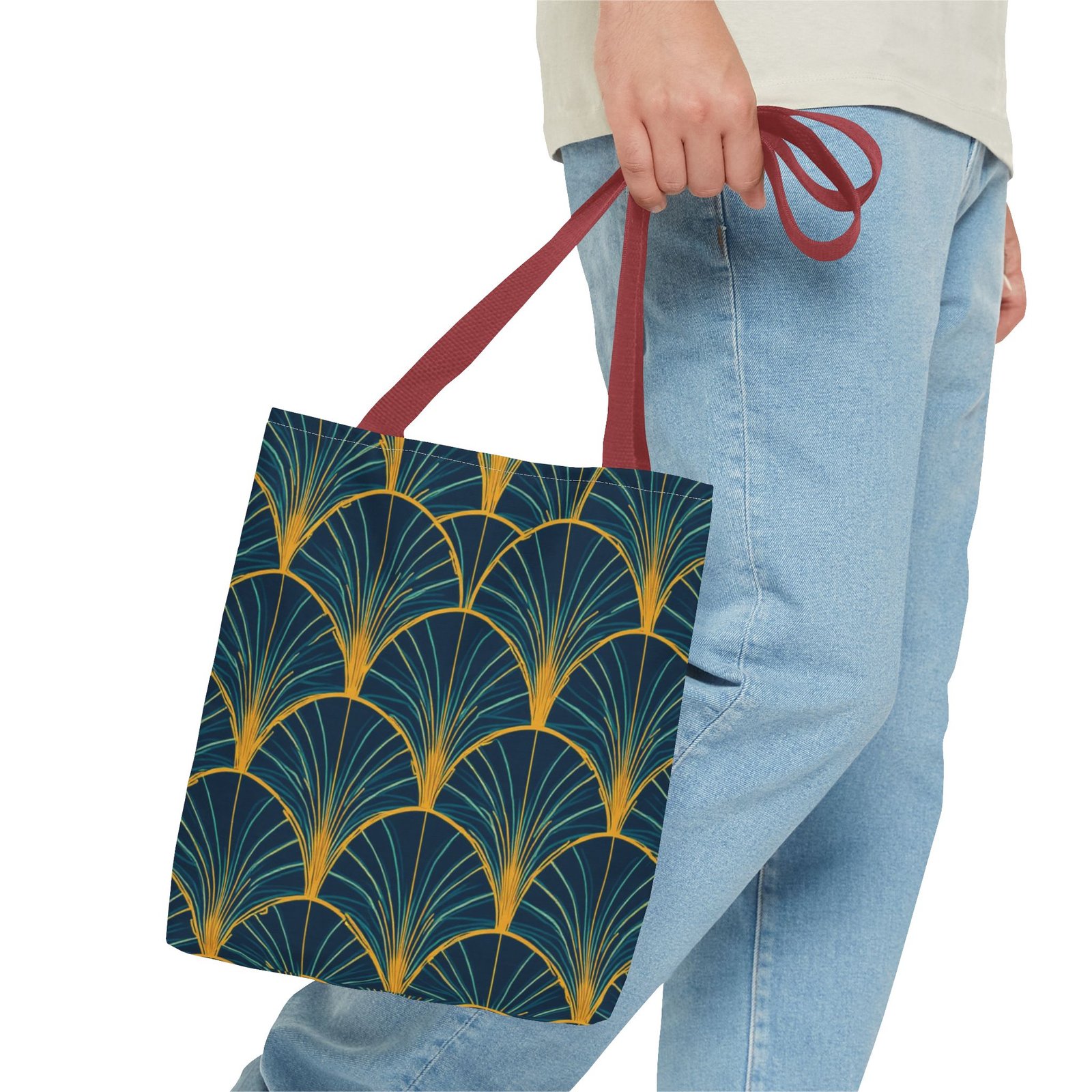 Patina Blue Fan Pattern Tote Bag | Teal Gold Geometric All-Over Print - Image 19