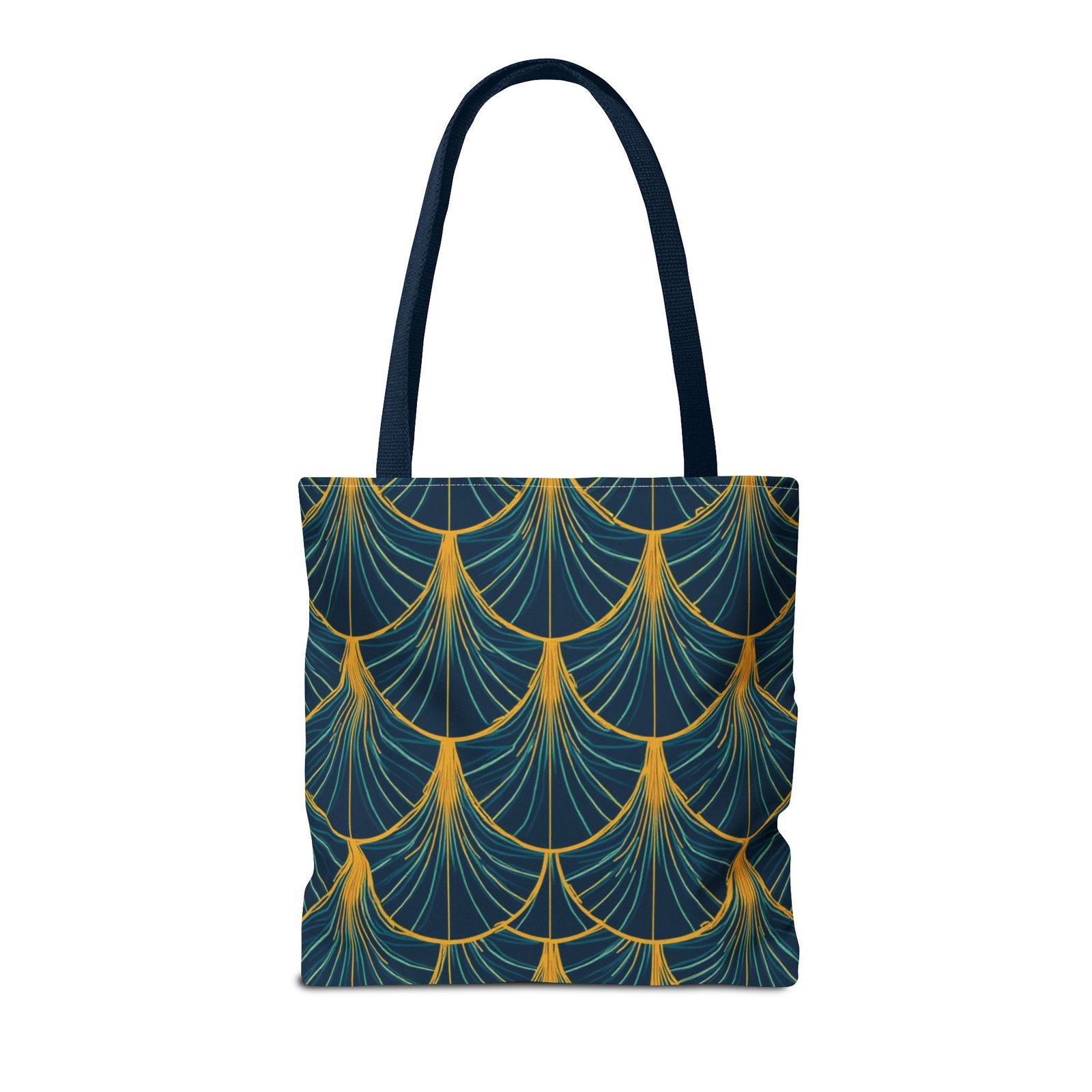 Patina Blue Fan Pattern Tote Bag | Teal Gold Geometric All-Over Print - Image 58