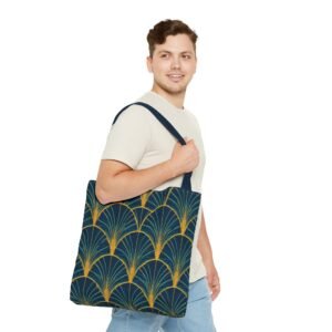 Patina Blue Fan Pattern Tote Bag | Teal Gold Geometric All-Over Print