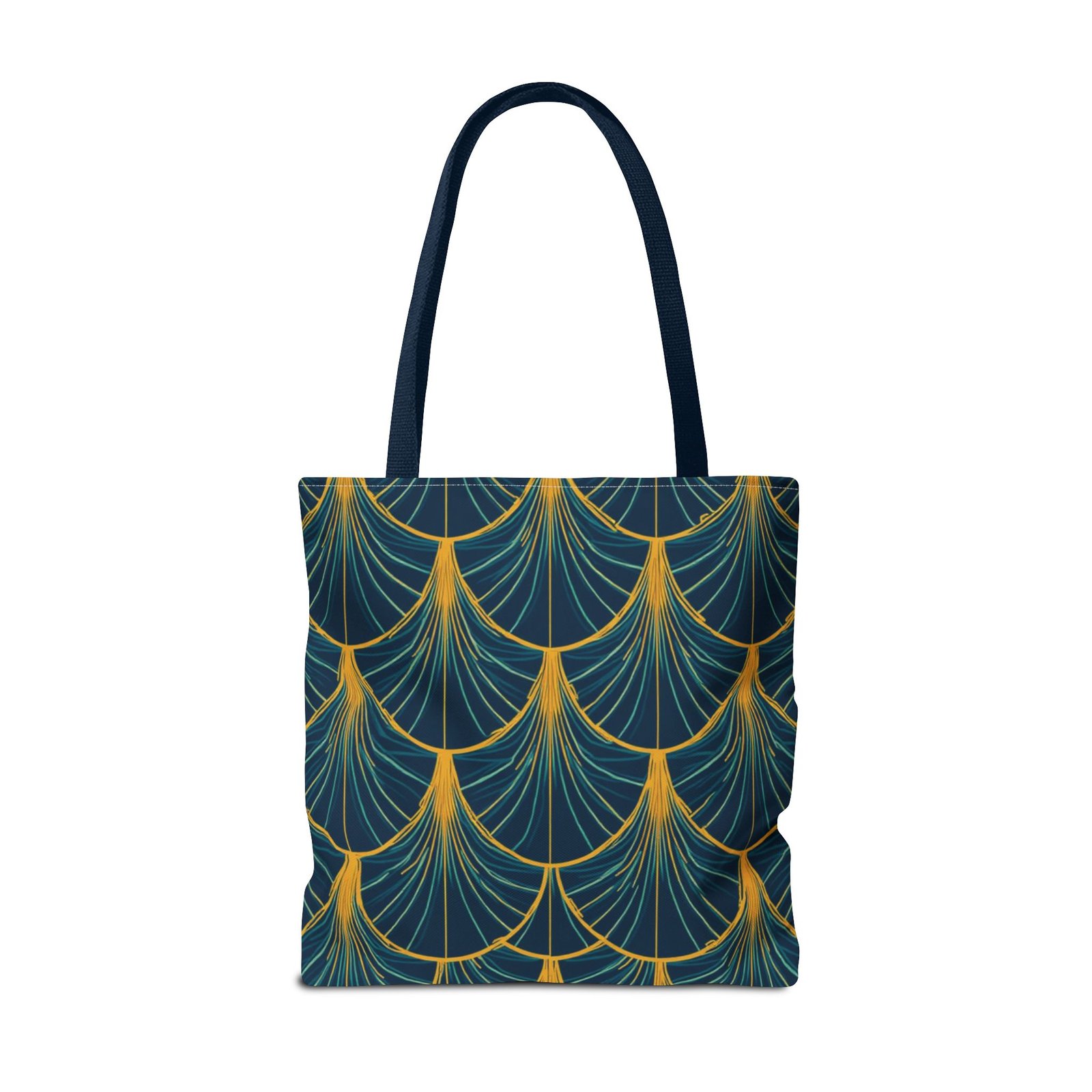 Patina Blue Fan Pattern Tote Bag | Teal Gold Geometric All-Over Print - Image 3