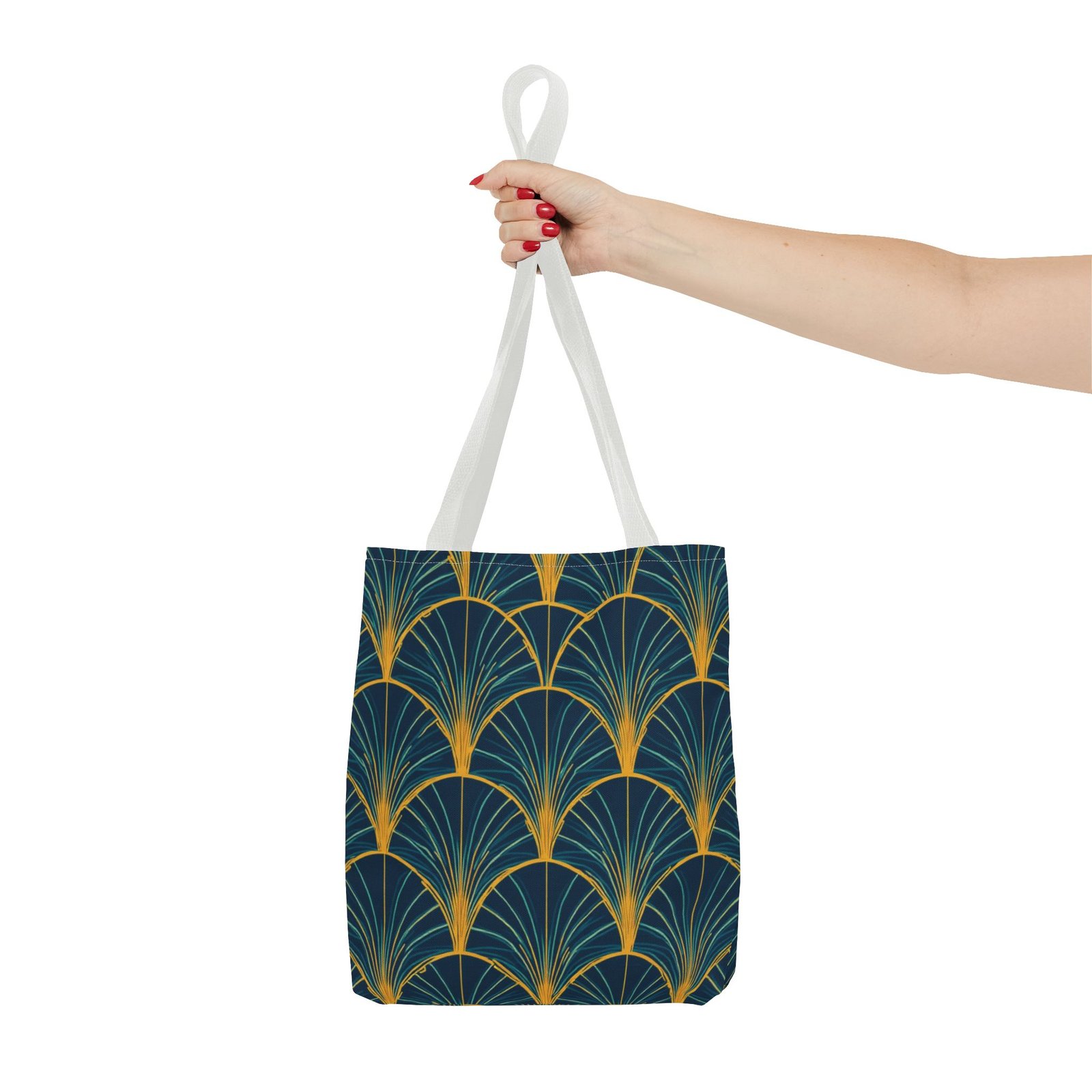 Patina Blue Fan Pattern Tote Bag | Teal Gold Geometric All-Over Print - Image 32