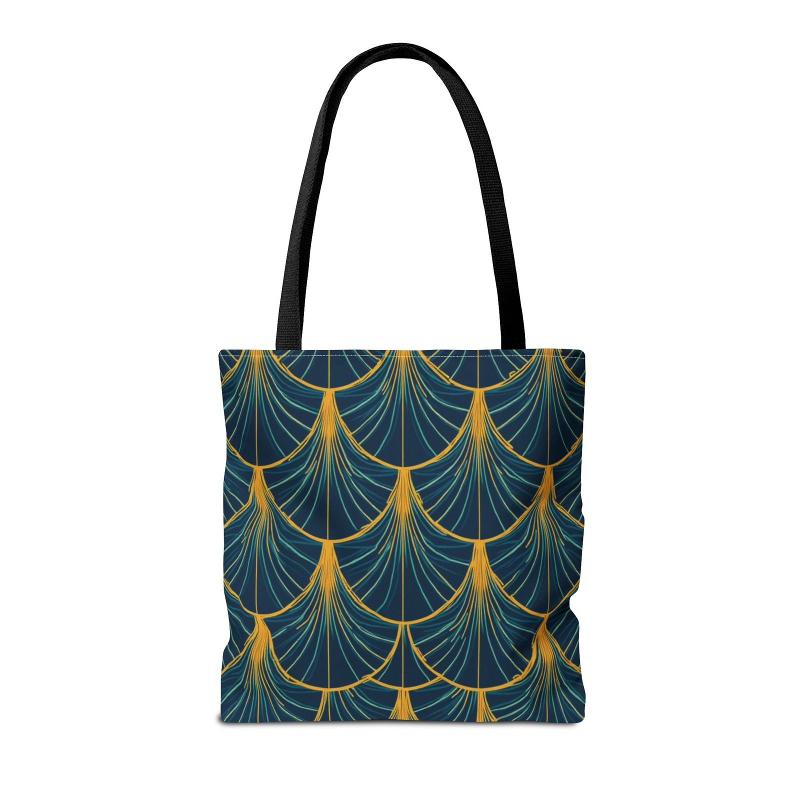 Patina Blue Fan Pattern Tote Bag | Teal Gold Geometric All-Over Print - Image 10
