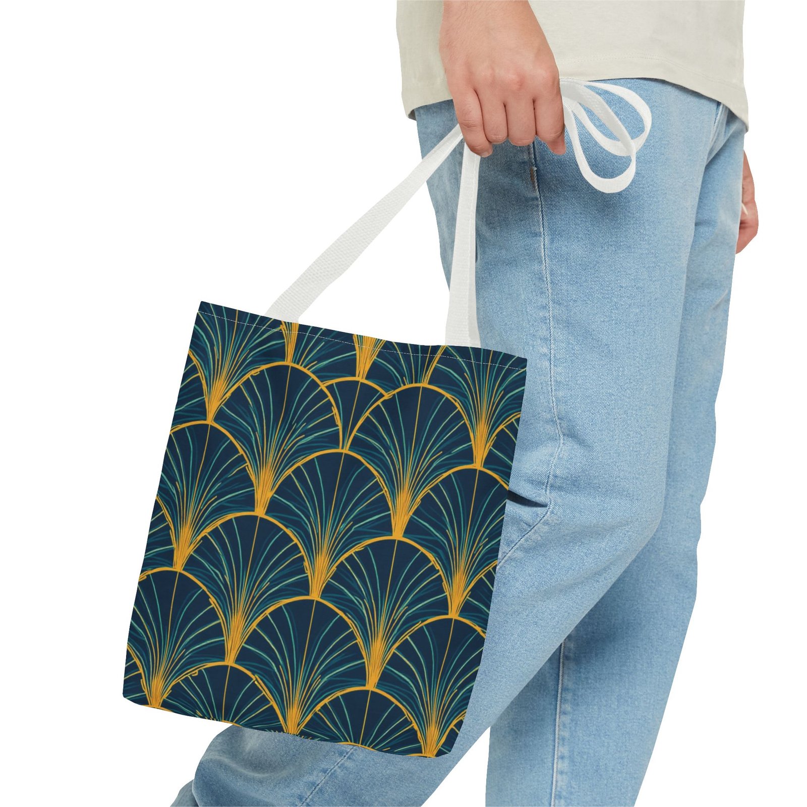 Patina Blue Fan Pattern Tote Bag | Teal Gold Geometric All-Over Print - Image 31