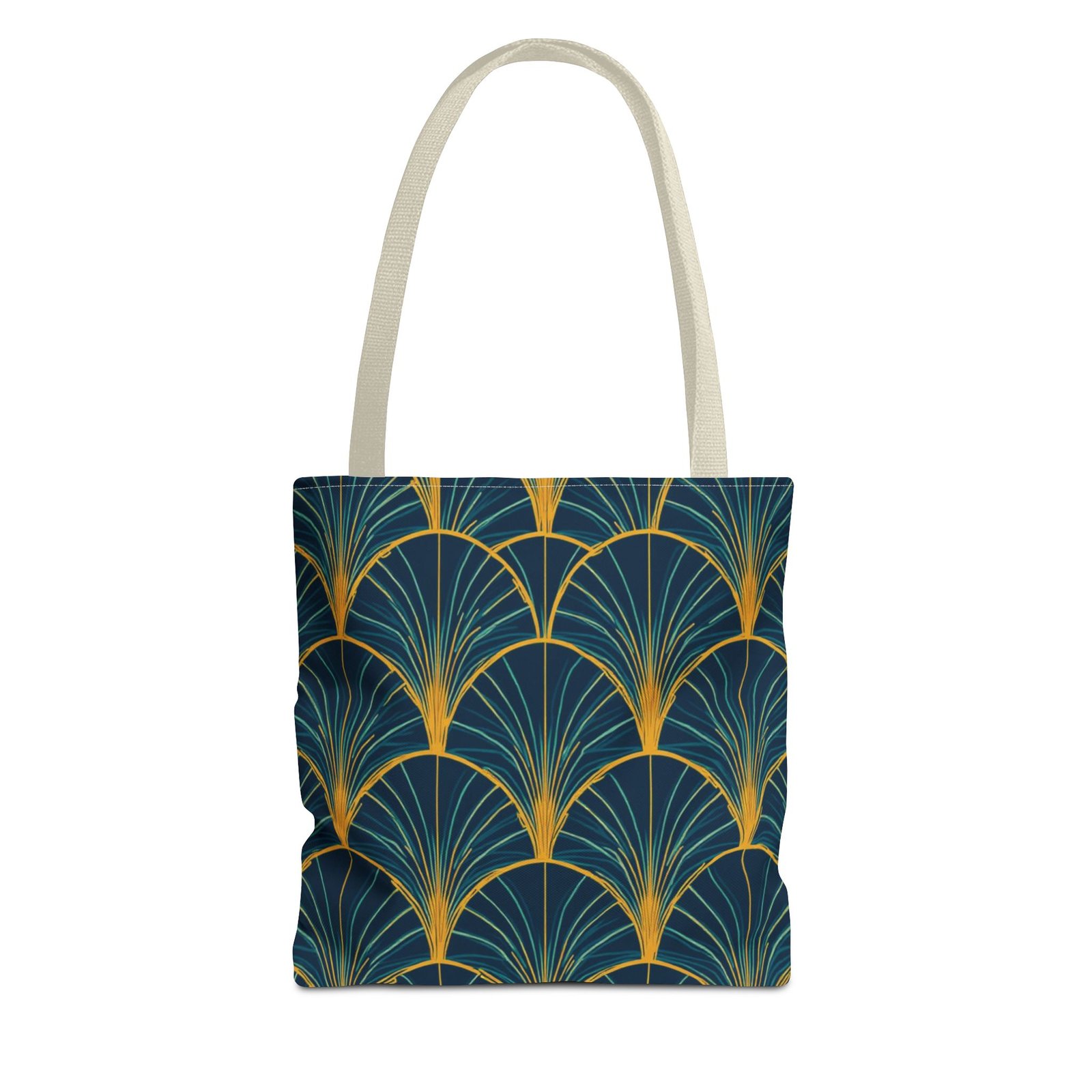 Patina Blue Fan Pattern Tote Bag | Teal Gold Geometric All-Over Print - Image 41
