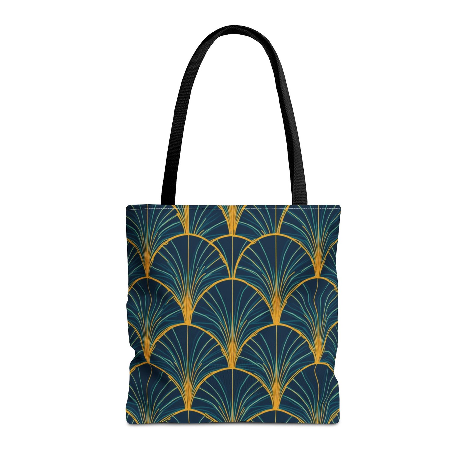 Patina Blue Fan Pattern Tote Bag | Teal Gold Geometric All-Over Print - Image 9