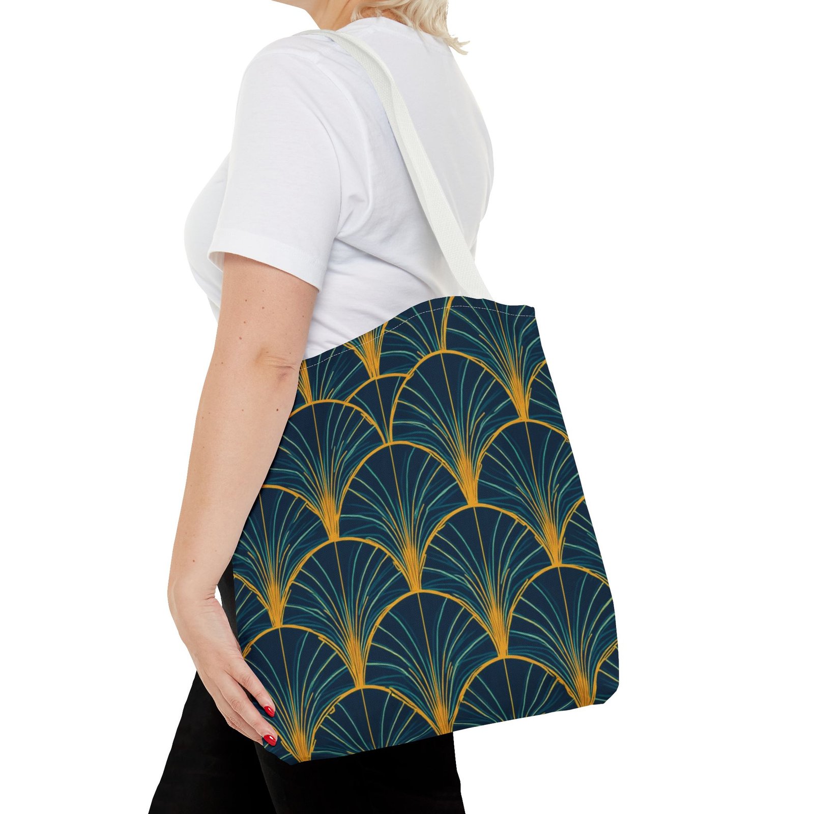 Patina Blue Fan Pattern Tote Bag | Teal Gold Geometric All-Over Print - Image 36