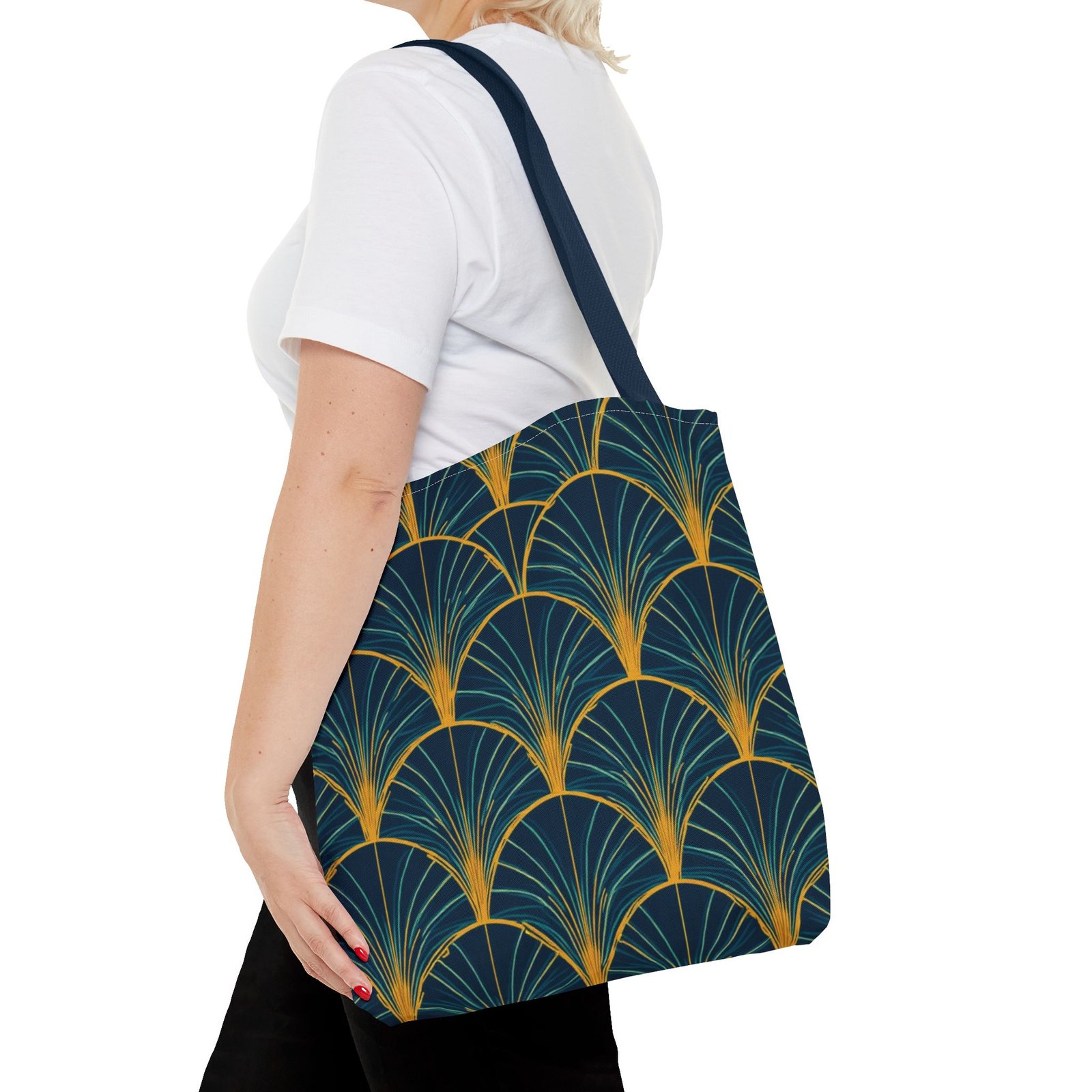 Patina Blue Fan Pattern Tote Bag | Teal Gold Geometric All-Over Print - Image 60