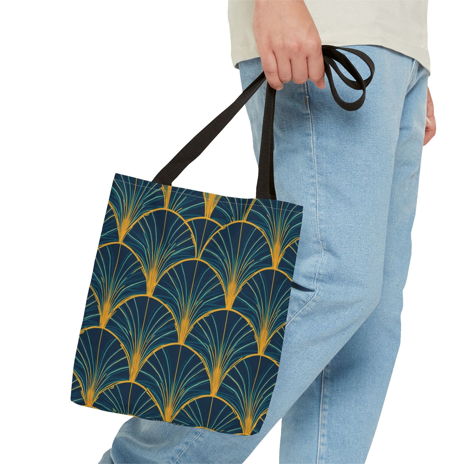 Patina Blue Fan Pattern Tote Bag | Teal Gold Geometric All-Over Print - Image 7