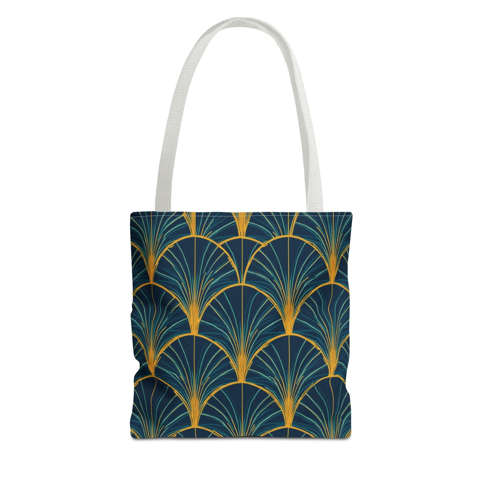 Patina Blue Fan Pattern Tote Bag | Teal Gold Geometric All-Over Print - Image 29
