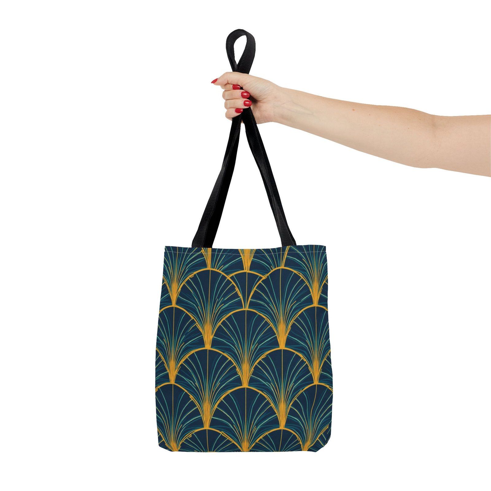 Patina Blue Fan Pattern Tote Bag | Teal Gold Geometric All-Over Print - Image 8
