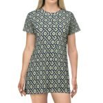 Patina Blue Geometric Gold Diamond Pattern T-Shirt Dress | All-Over Print