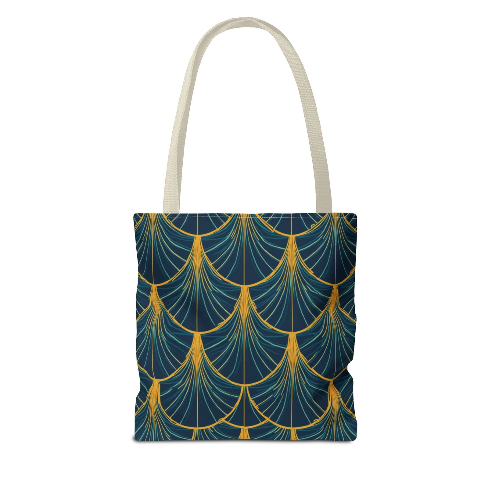 Patina Blue Fan Pattern Tote Bag | Teal Gold Geometric All-Over Print - Image 42