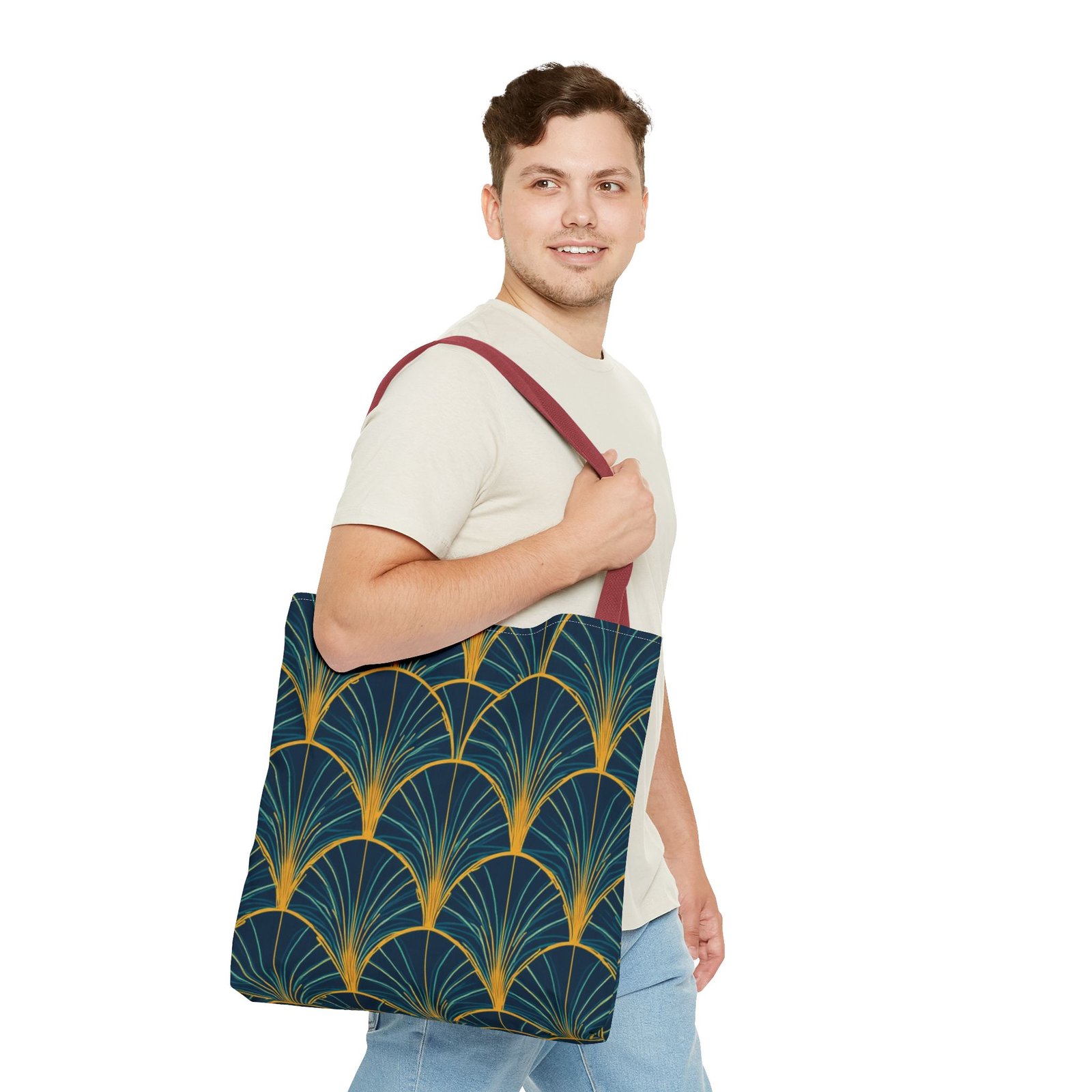 Patina Blue Fan Pattern Tote Bag | Teal Gold Geometric All-Over Print - Image 27