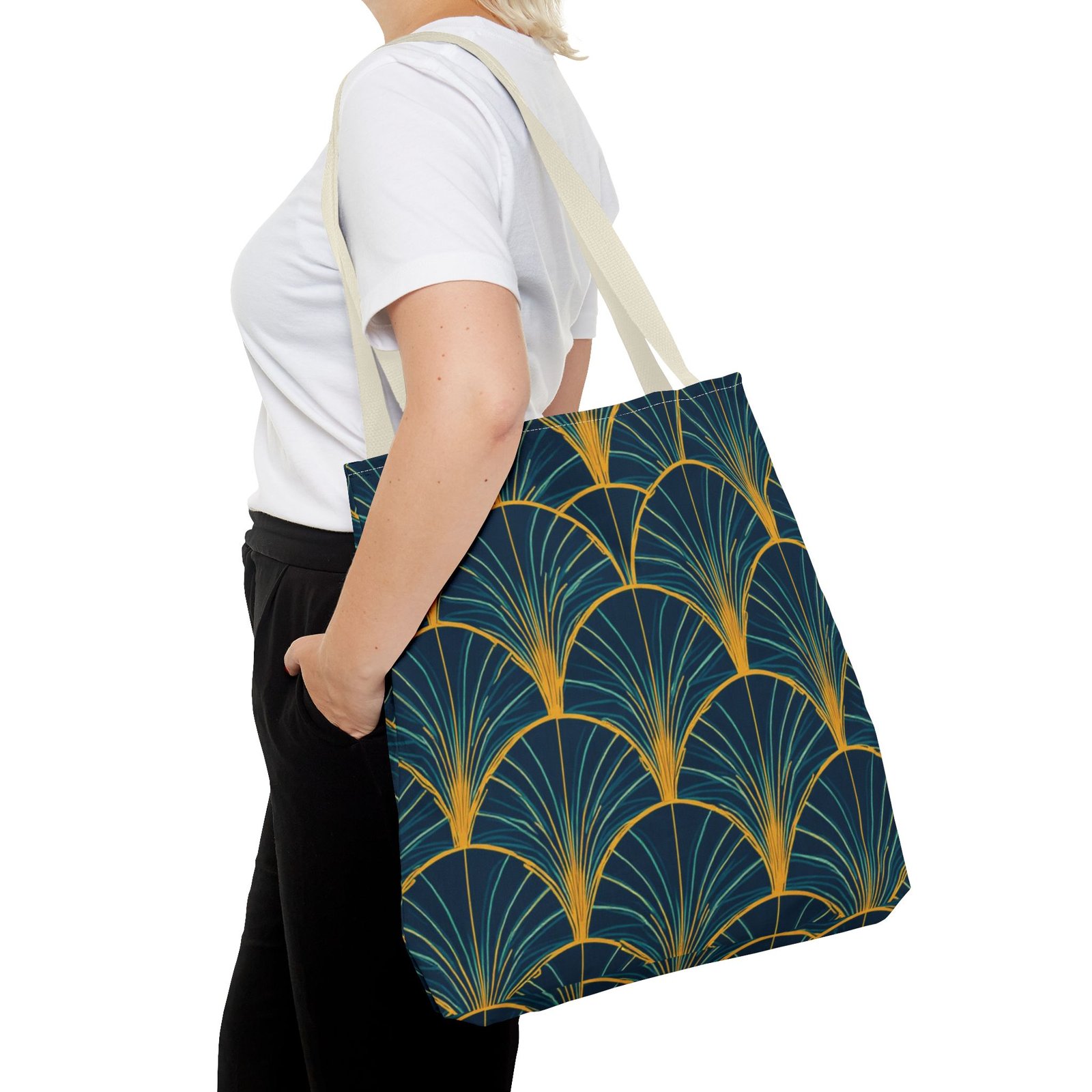 Patina Blue Fan Pattern Tote Bag | Teal Gold Geometric All-Over Print - Image 52