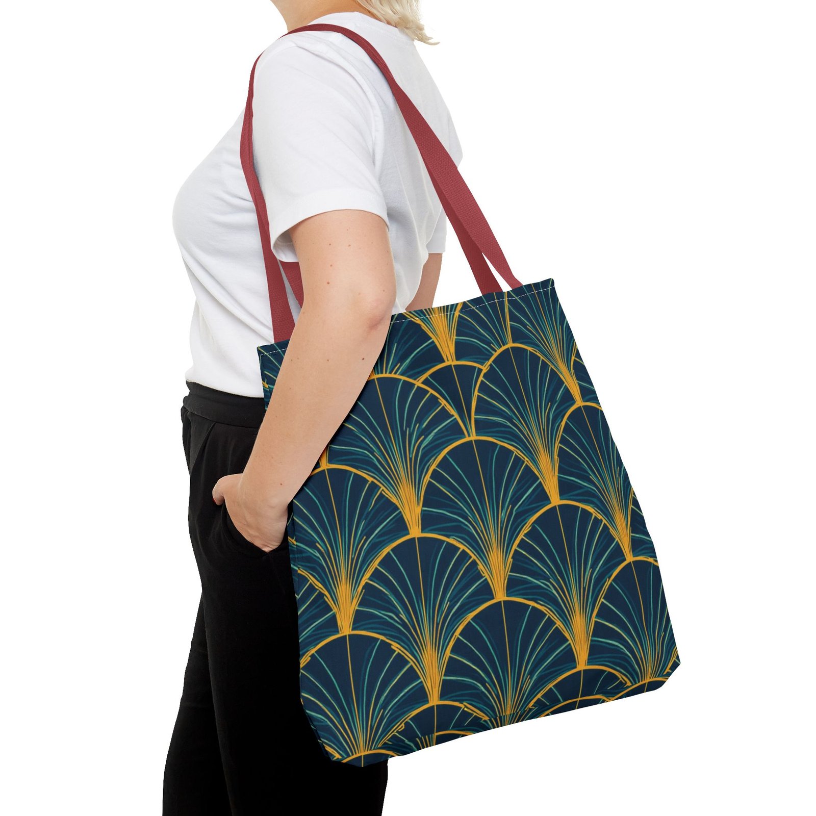 Patina Blue Fan Pattern Tote Bag | Teal Gold Geometric All-Over Print - Image 28