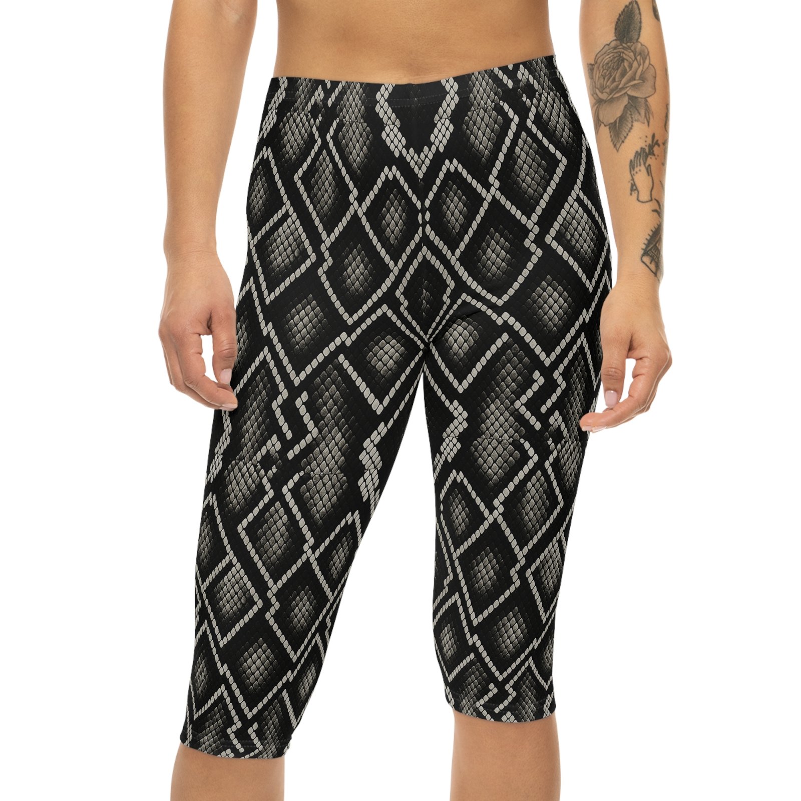 Black Snake Skin Pattern Capri Leggings | Python Print - Image 4
