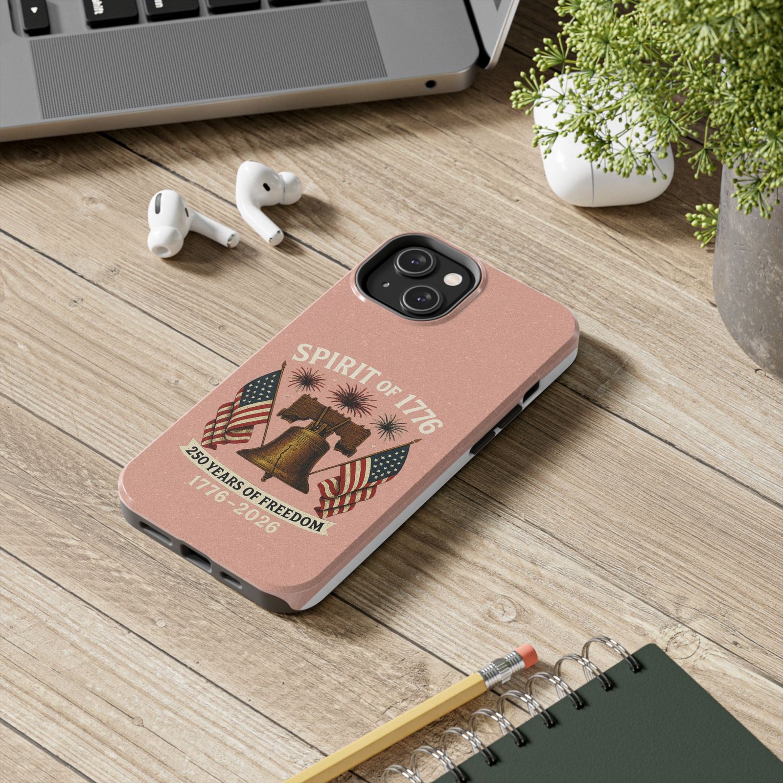 Peach Glitter iPhone 14-15-16-17 Spirit of 1776 Tough Phone Case | Liberty Bell, American Flags, 1776-2026 - Image 2