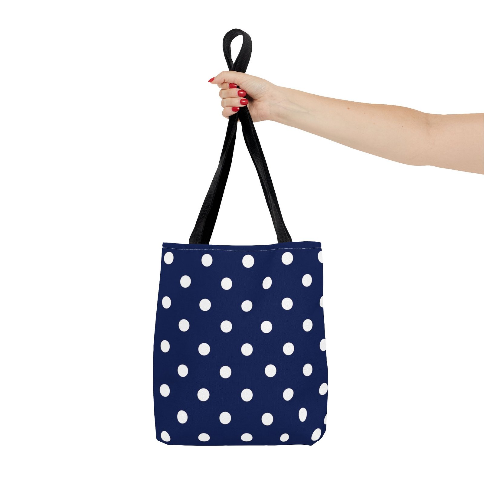 Navy Polka Dot Tote Bag | White Dots All Over Pattern - Image 9