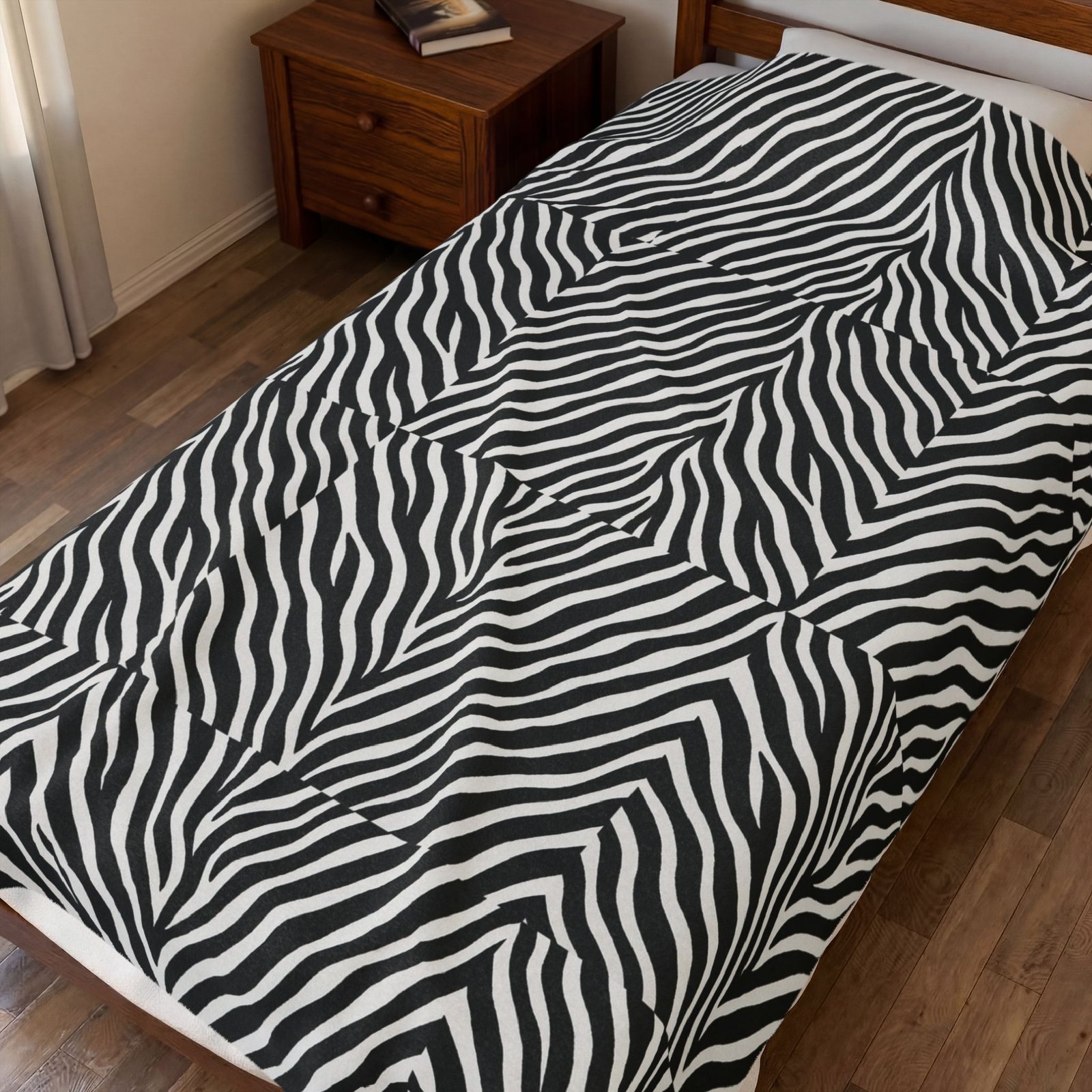 Zebra Stripe Pattern Velveteen Plush Blanket | Black White Animal Print - Image 7