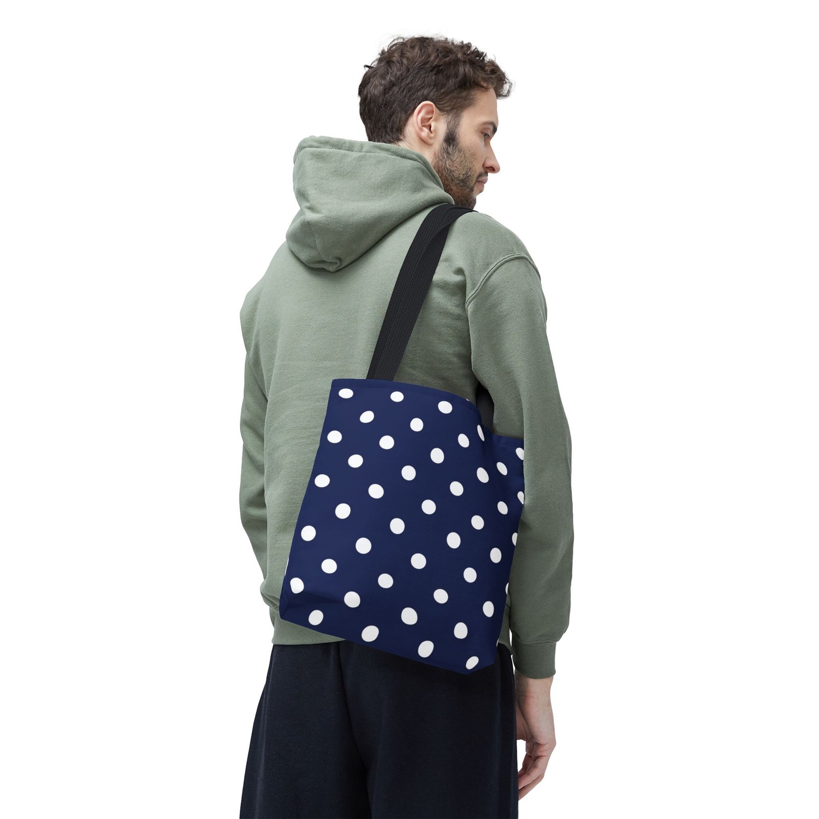 Navy Polka Dot Tote Bag | White Dots All Over Pattern - Image 11
