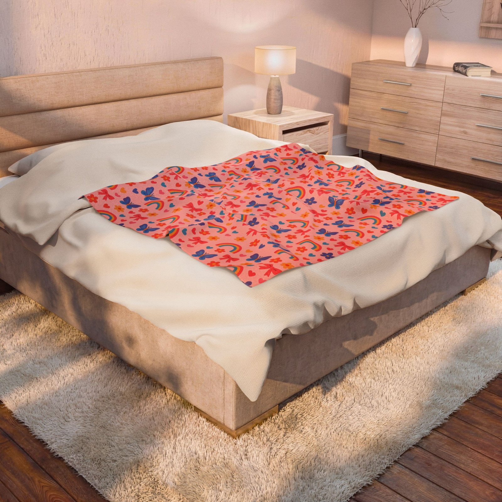 Rainbow and Butterfly Pattern Blanket | Pink Floral Rainbows, Cute Kids Throw - Image 4