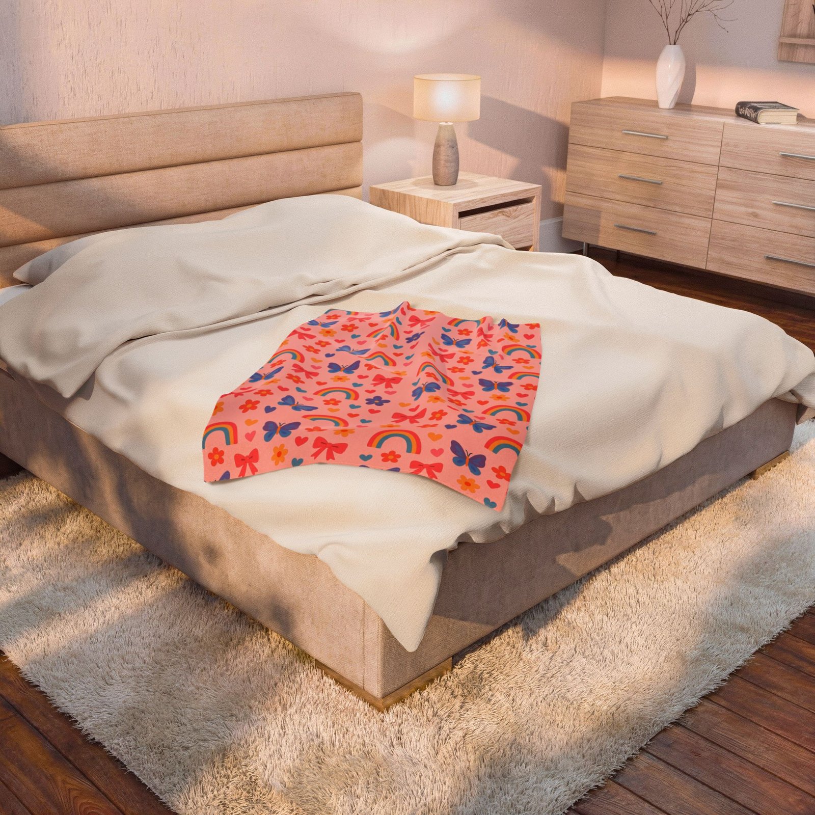 Rainbow and Butterfly Pattern Blanket | Pink Floral Rainbows, Cute Kids Throw - Image 12