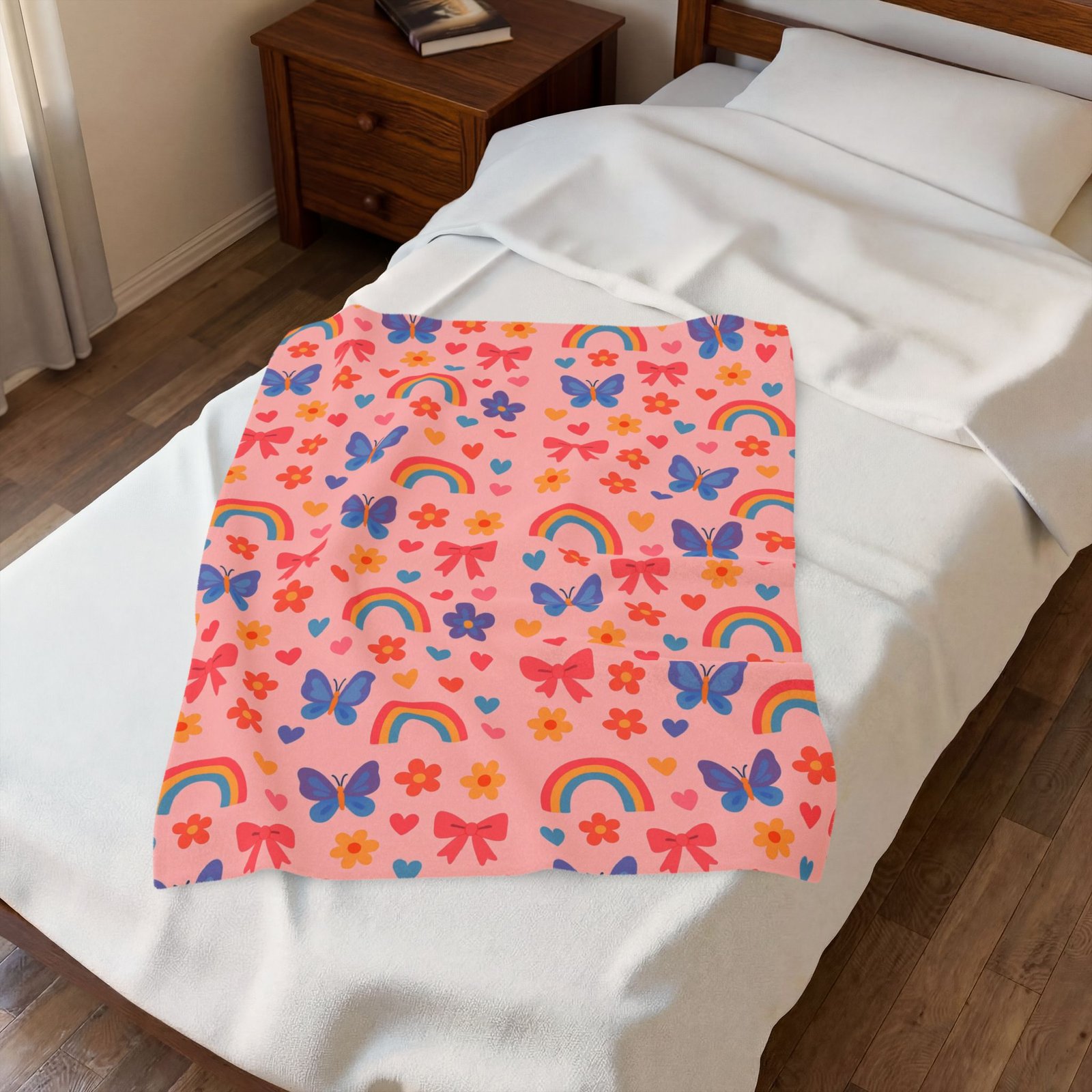 Rainbow and Butterfly Pattern Blanket | Pink Floral Rainbows, Cute Kids Throw - Image 11