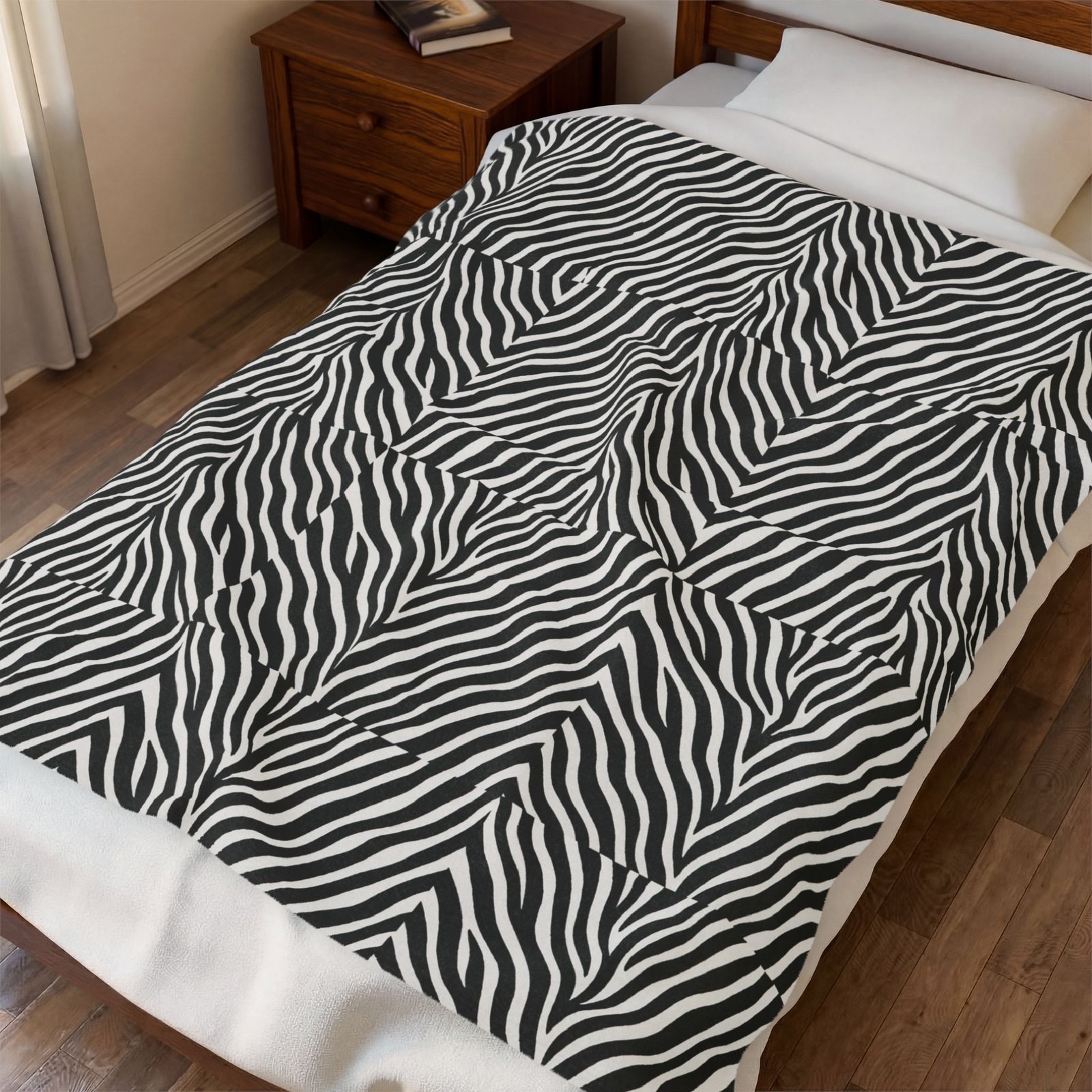 Zebra Stripe Pattern Velveteen Plush Blanket | Black White Animal Print - Image 3