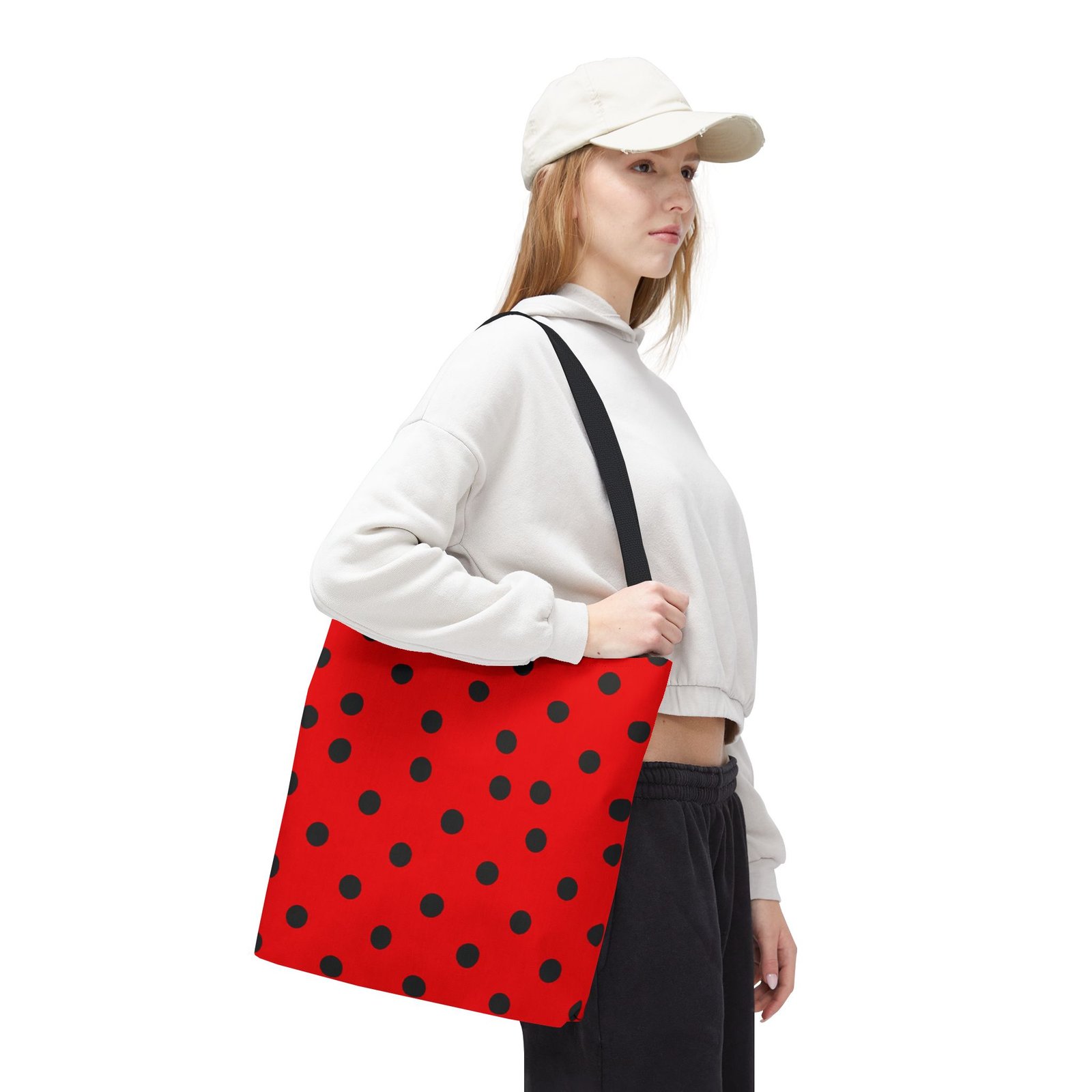 Black Polka Dot on Red Tote Bag - Image 4