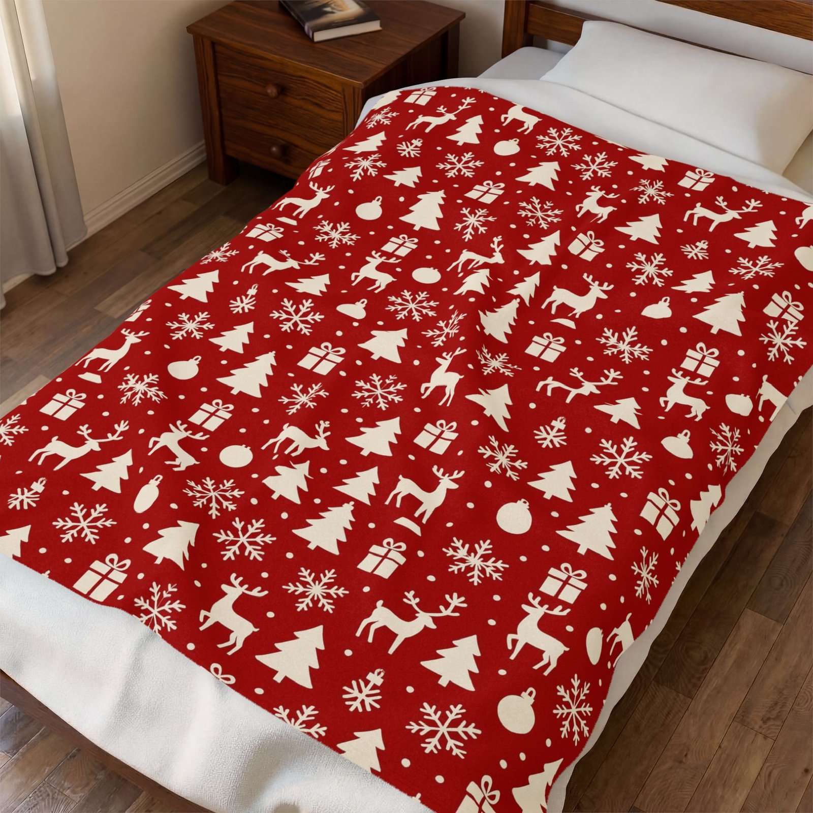 Red Christmas Pattern Velveteen Plush Blanket | Reindeer, Trees, Snowflakes - Image 7