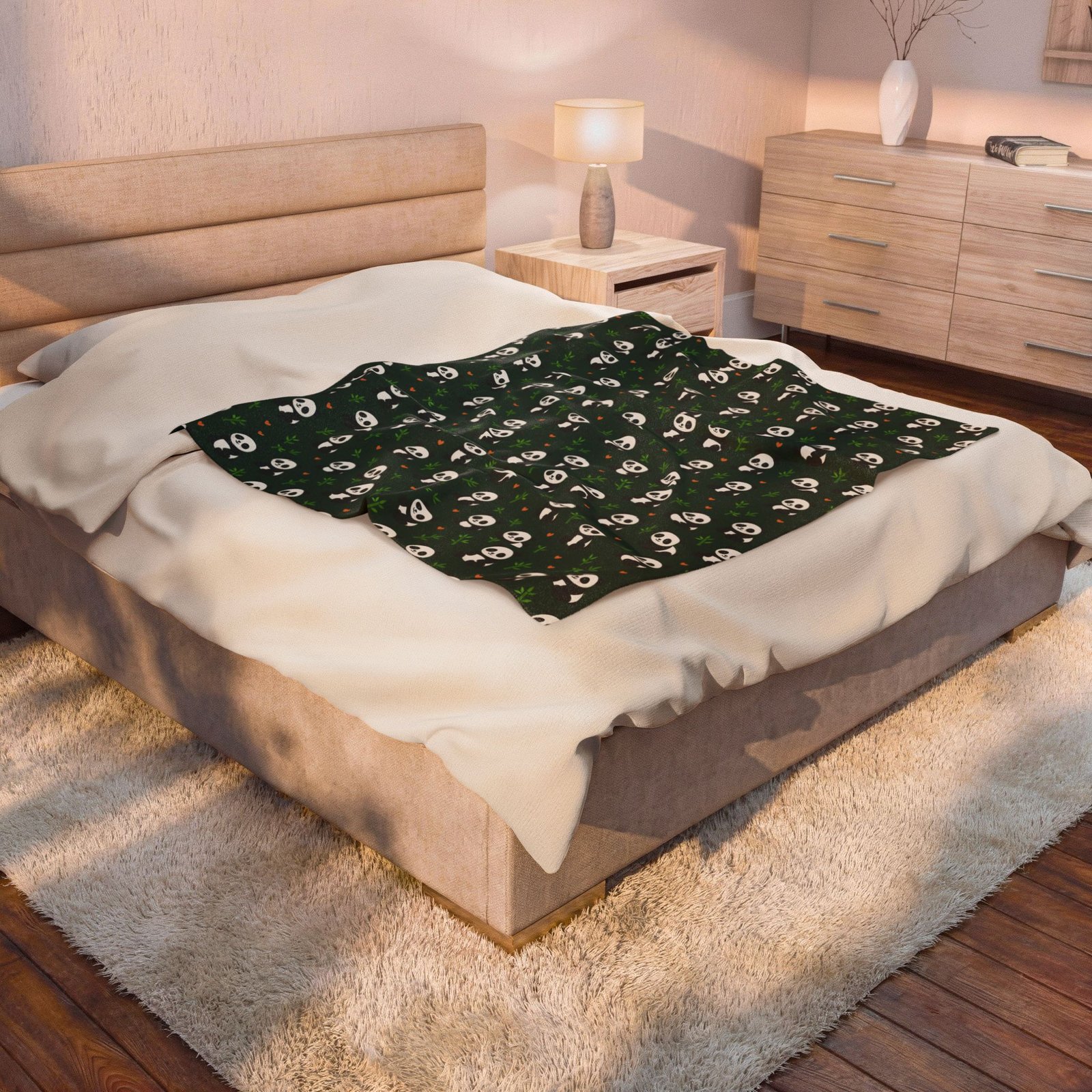 Panda Pattern Velveteen Plush Blanket | Green Skull Floral Repeat - Image 4