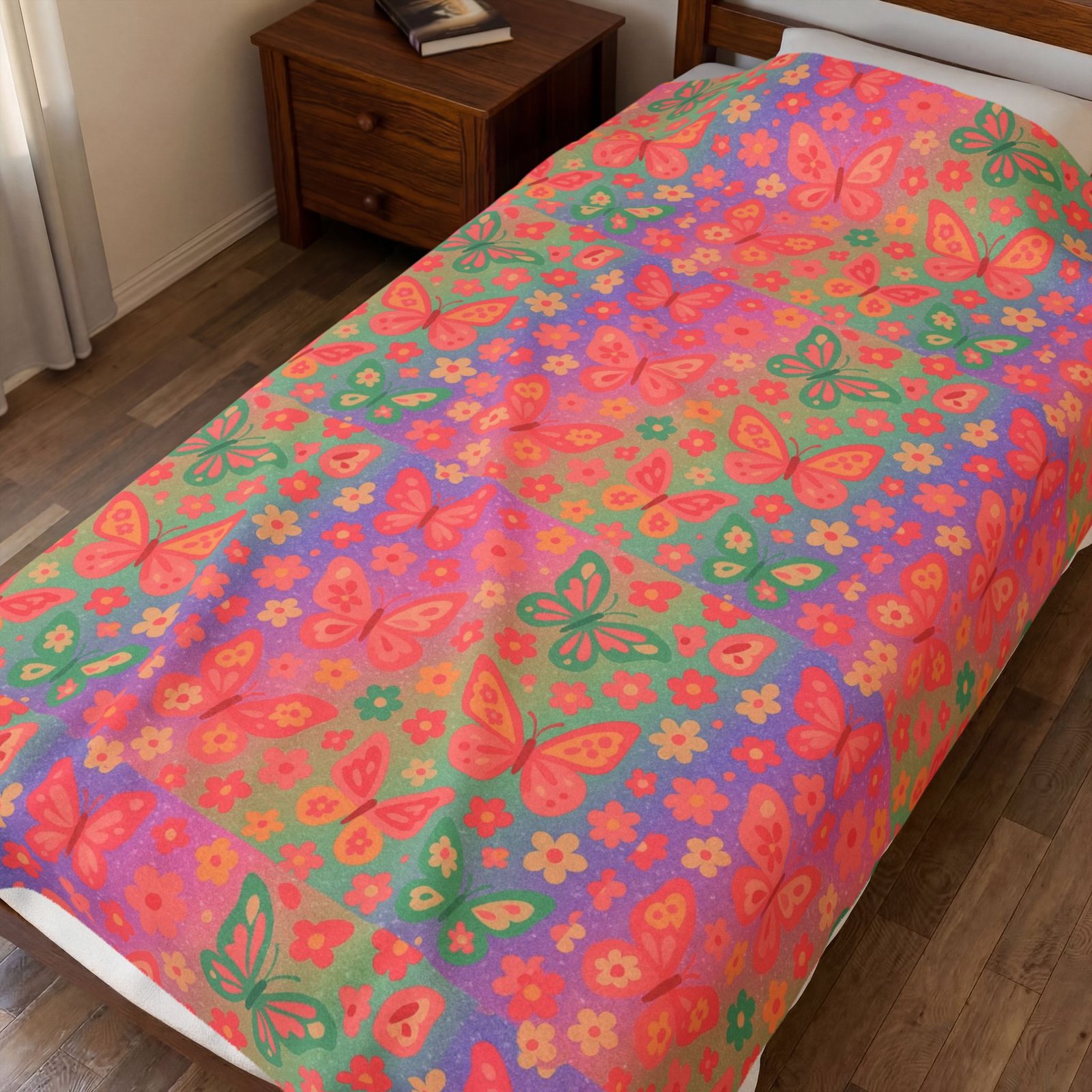 Butterfly Pattern Velveteen Plush Blanket | Pink Orange Floral Throw - Image 7