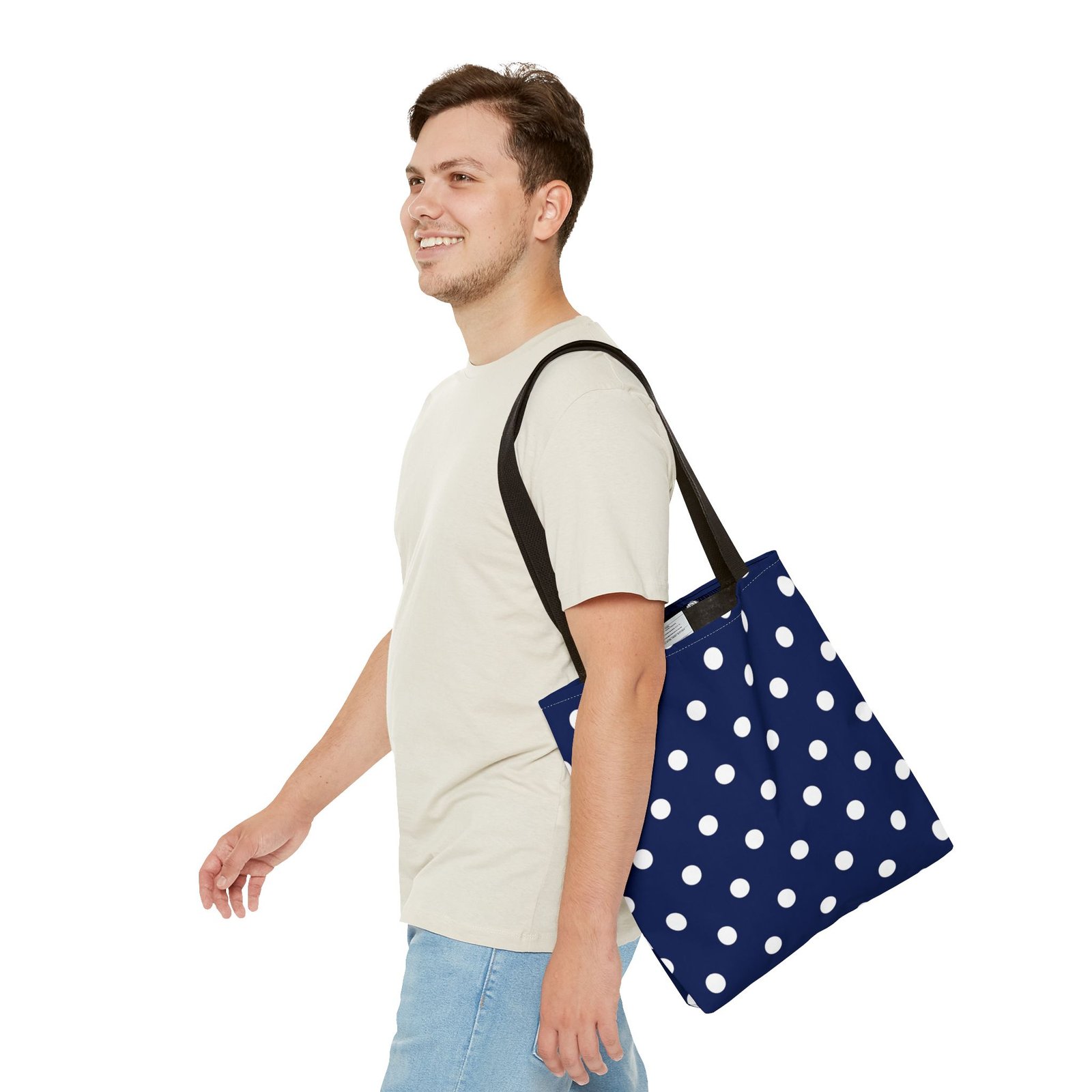 Navy Polka Dot Tote Bag | White Dots All Over Pattern - Image 3